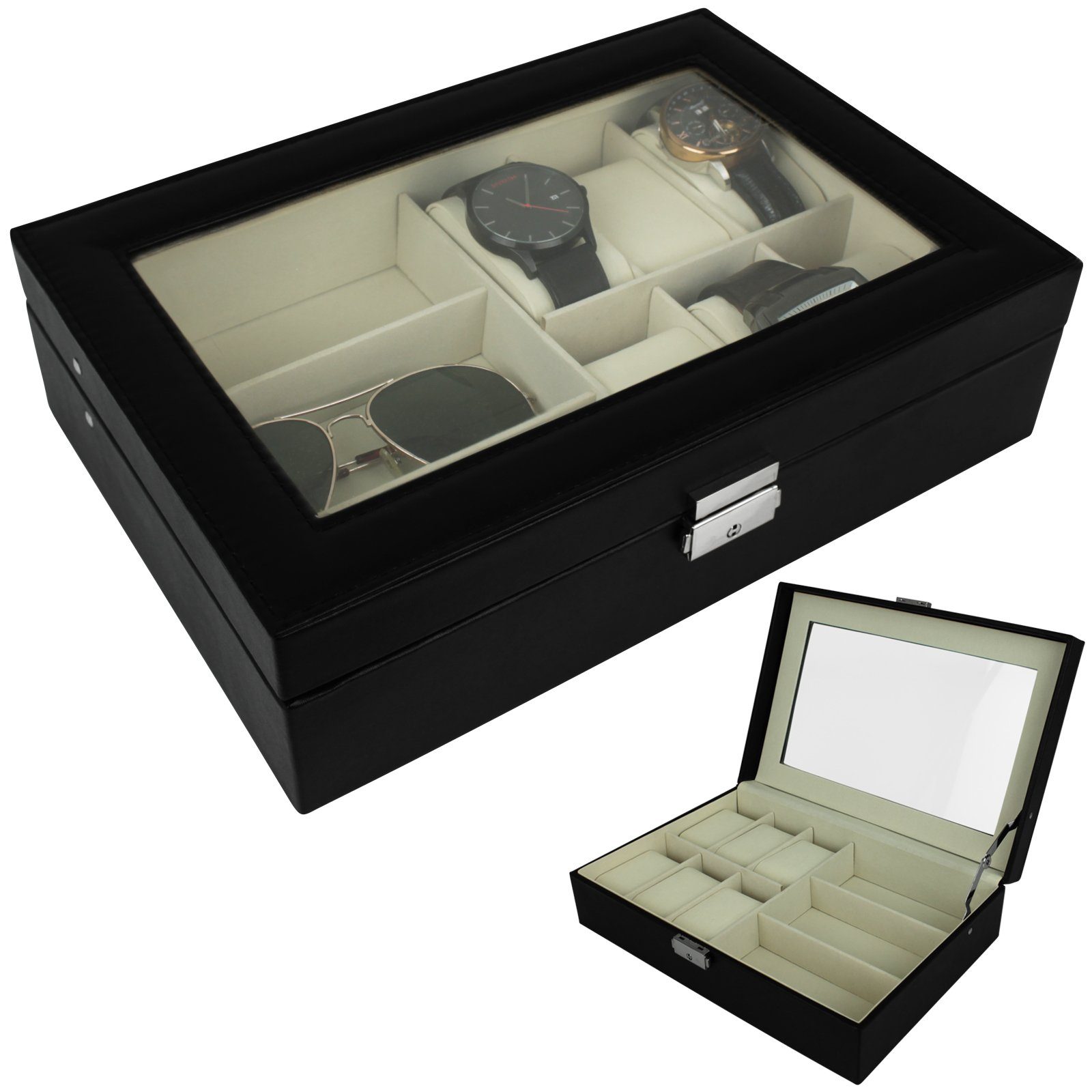 Home & styling collection Koopman Uhrenbox Uhrenkästchen Schwarz Uhrenkasten Brillenkasten Uhrenaufbewahrung, Uhren Brillen Box Kasten Aufbewahrung Schmuckkästchen