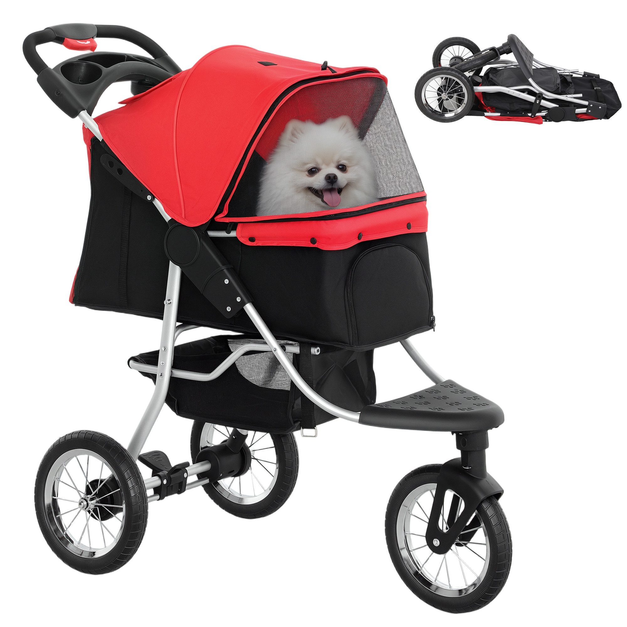 PawHut Hundebuggy Katzenbuggy mit Netzfenstern Getränkbehalter Katzenwagen, (klappbar Hundewagen, 1-tlg), für Hunde & Katzen bis 10 kg, Rot – Bild 2 von 5