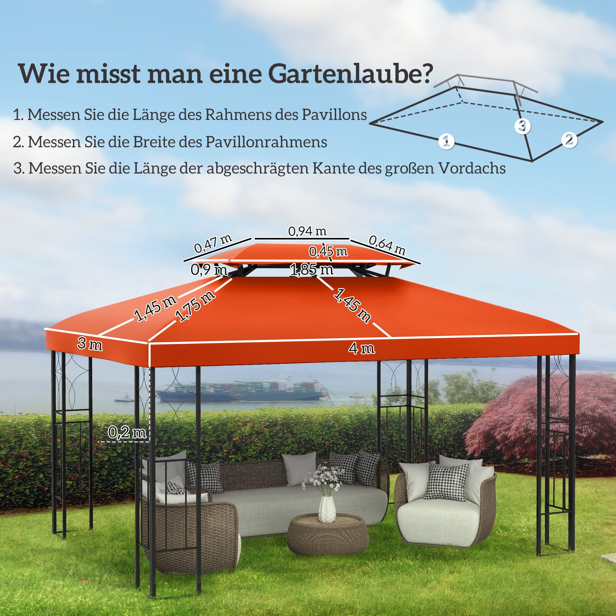 Outsunny Pavillon-Ersatzdach 3 x 4 m, mit Doppeldach, 180 g/m², 400 x 400 cm (Ersatzdach, Gartenpavillonersatzdach), für Gartenpavillon, Polyester, Rostrot