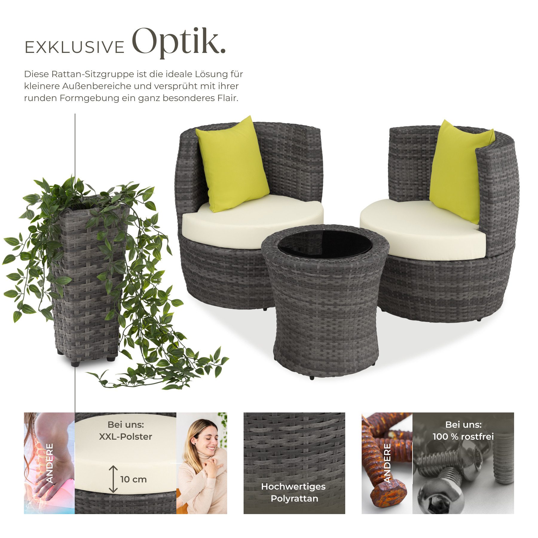 tectake Sitzgruppe Aluminium Rattan Gartenlounge, stapelbar, mit Sicherheitsglasplatte, (Loungeset Nizza, 4-tlg., für Außen in Grau), wetterfest und UV-beständig, gepolstert, inklusive Vase und Kissen