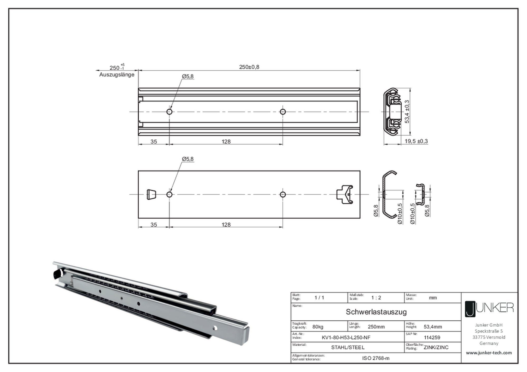 - 1500 Auszug JUNKER KV1-80-H53-NF 250 80 SO-TECH® (2 mm von St) Vollauszug kg