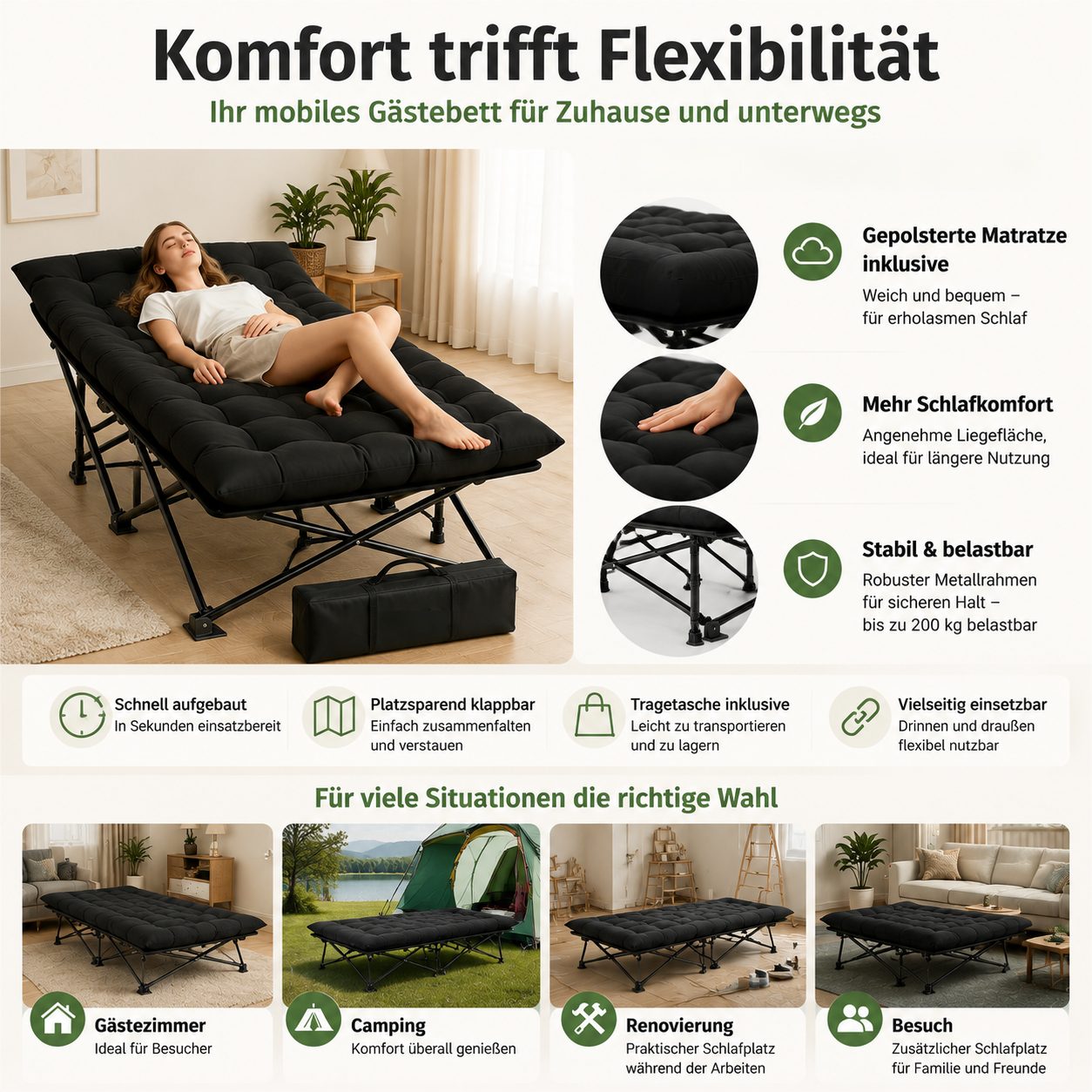 Toomoke Klappbett Klappbett mit Matratze 188×71 cm – Komfortables Gästebett bis 200 kg (faltbares Feldbett für Erwachsene) Campingbett mit Tragetasche für Zuhause, Gästezimmer & Outdoor