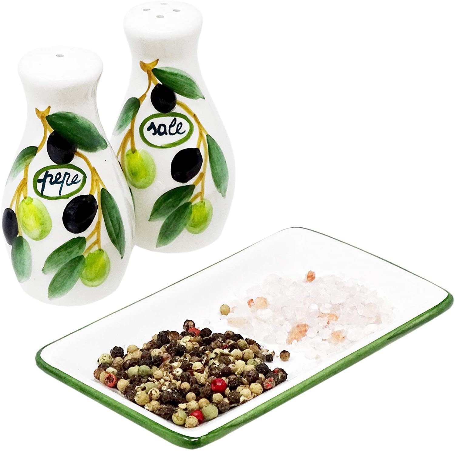 Lashuma Salz- / Pfefferstreuer Olive, (Set, 3-tlg), Gewürzstreuer Set mit Tablett, Größe: 14x8 cm