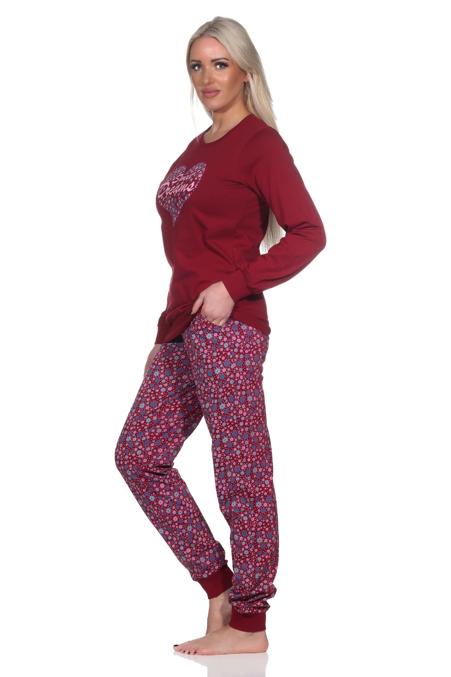 Pyjama Sterne mit langarm in Schlafanzug Damen Bündchen Normann beere Optik