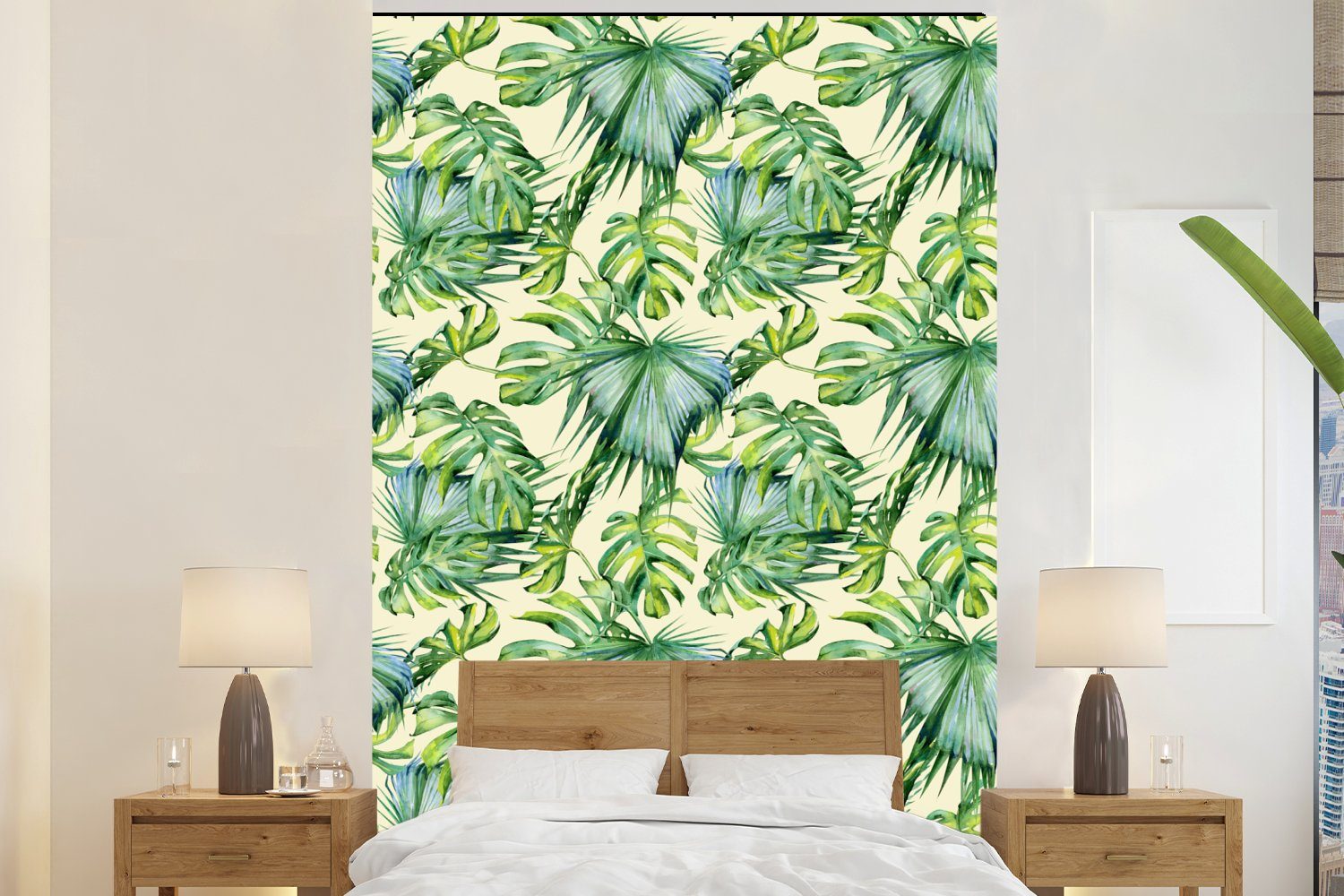 MuchoWow Fototapete Jahrgang - Muster - Monstera, Matt, bedruckt, (3 St), Montagefertig Vinyl Tapete für Wohnzimmer, Wandtapete