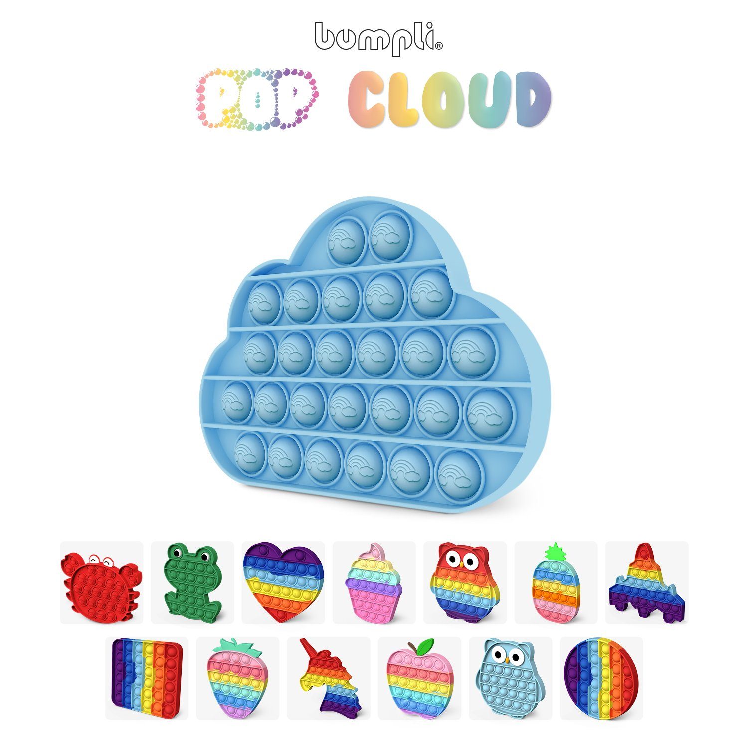 bumpli® Lernspielzeug POP IT Fidget Anti Stress Spielzeug, Montessori Sensorisches Spielzeug, BPA - frei, Robust & einfach zu reinigen Wolke Blau