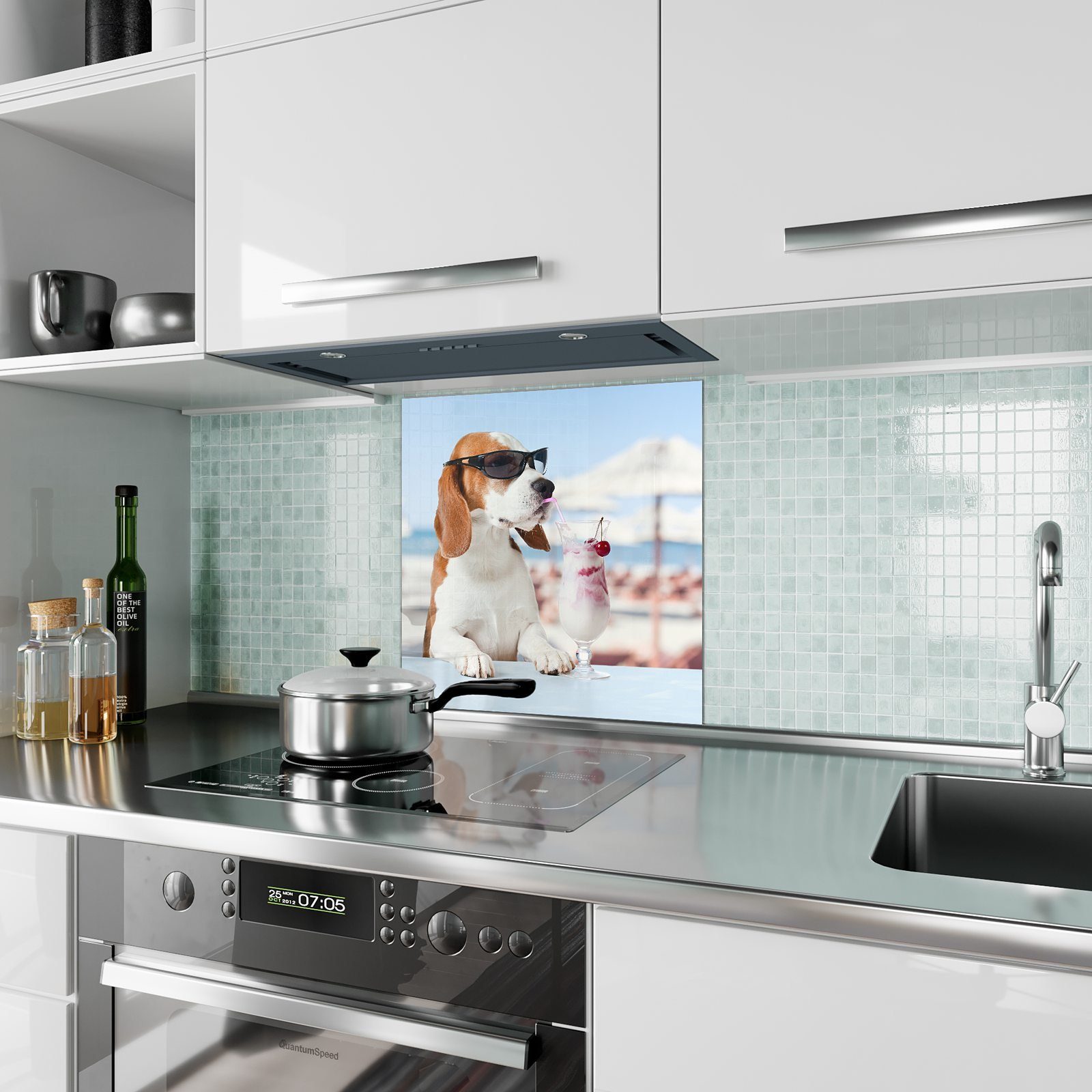 Primedeco Küchenrückwand Küchenrückwand Spritzschutz Sonnender Hund Motiv mit Glas