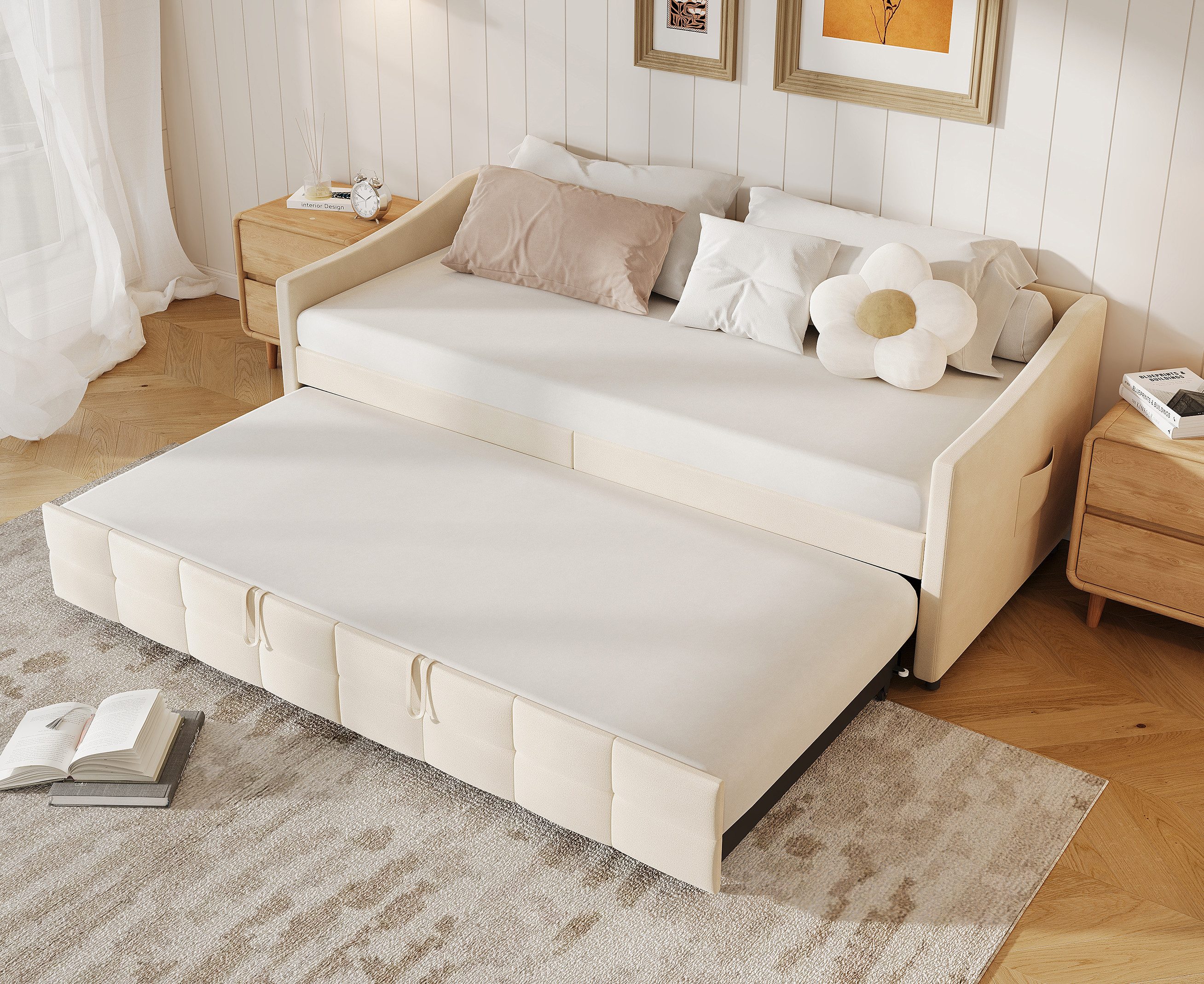 ADWOLT Schlafsofa Daybett Tagesbett Ausziehbares mit Bettfunktion, 90x200 cm,Multifunktionsbett,Beige,Samt,mit Seitentaschen