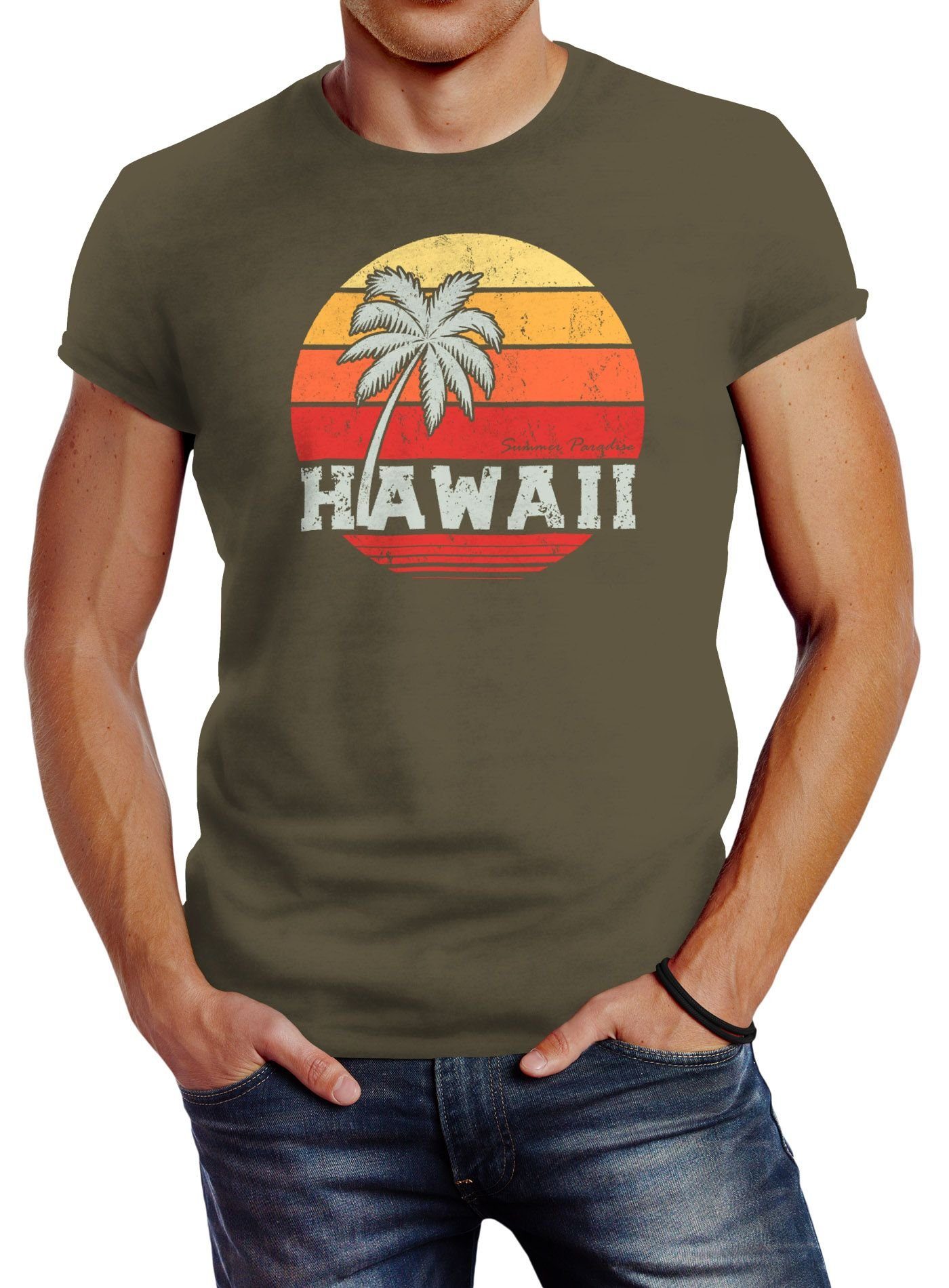 Neverless Print-Shirt Herren T-Shirt Hawaii Palme Tropical Summer Retro Slim Fit Baumwolle Neverless® mit Print grün