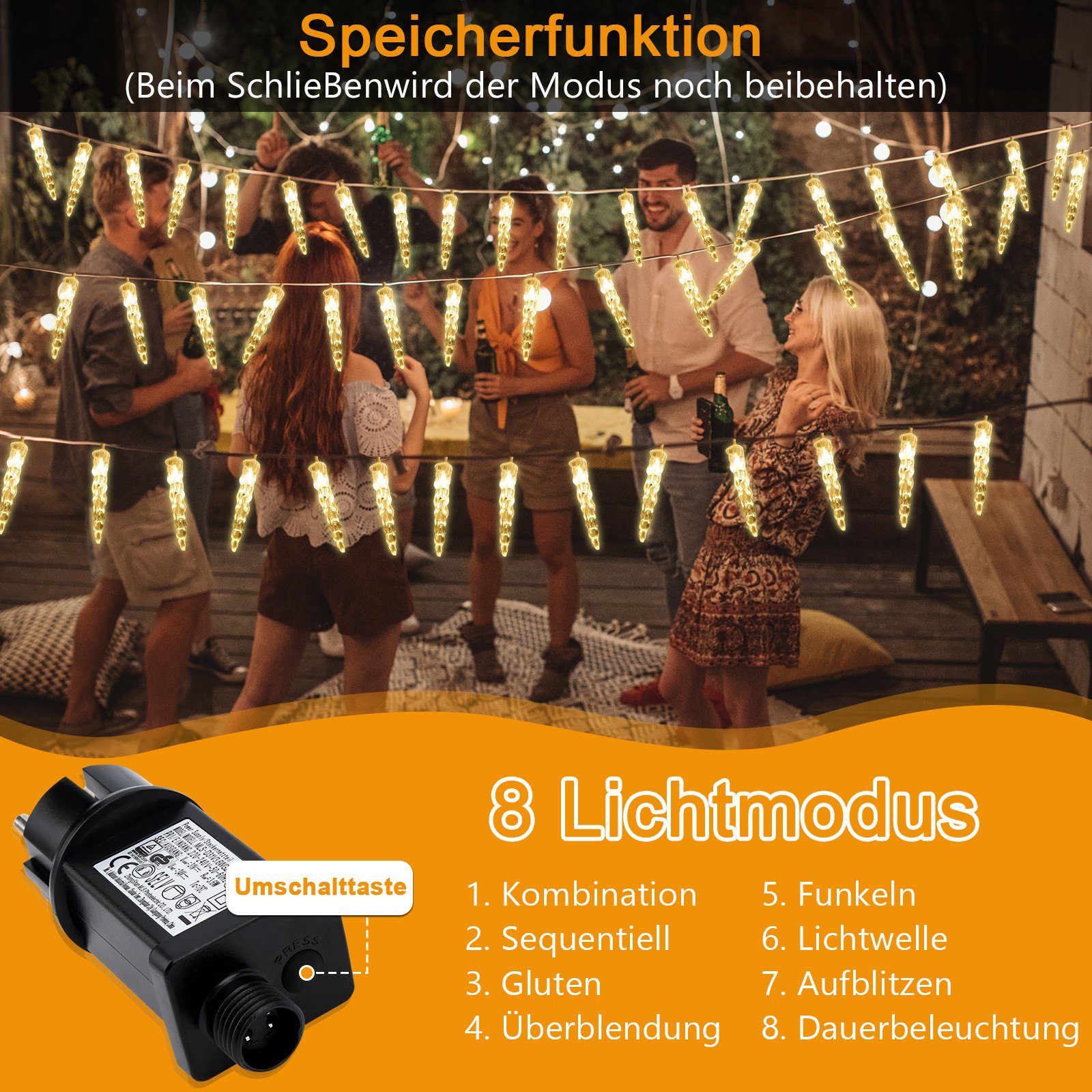 Lichterkette Gimisgu LED-Lichterkette IP44 10m Warmweiß 40 Eiszapfen LED Gartenbeleuchtung