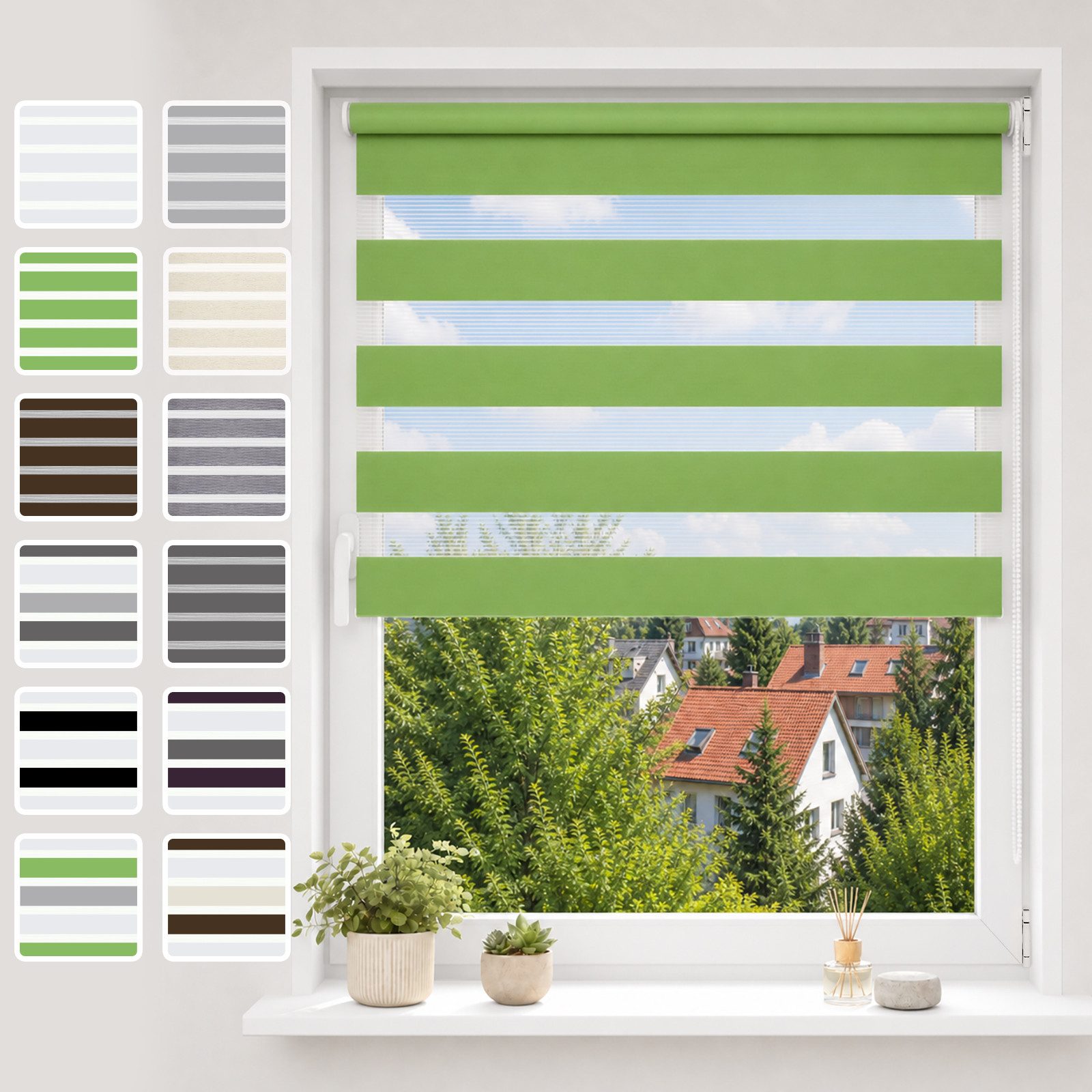 Doppelrollo Ohne Bohren, Grau/Grün/Grün-Grau-Weiß, OUBO, freihängend, verspannt, Klemmträger,klemmfix, Lichtschutz schnelle und einfache Montage mit beiliegendem