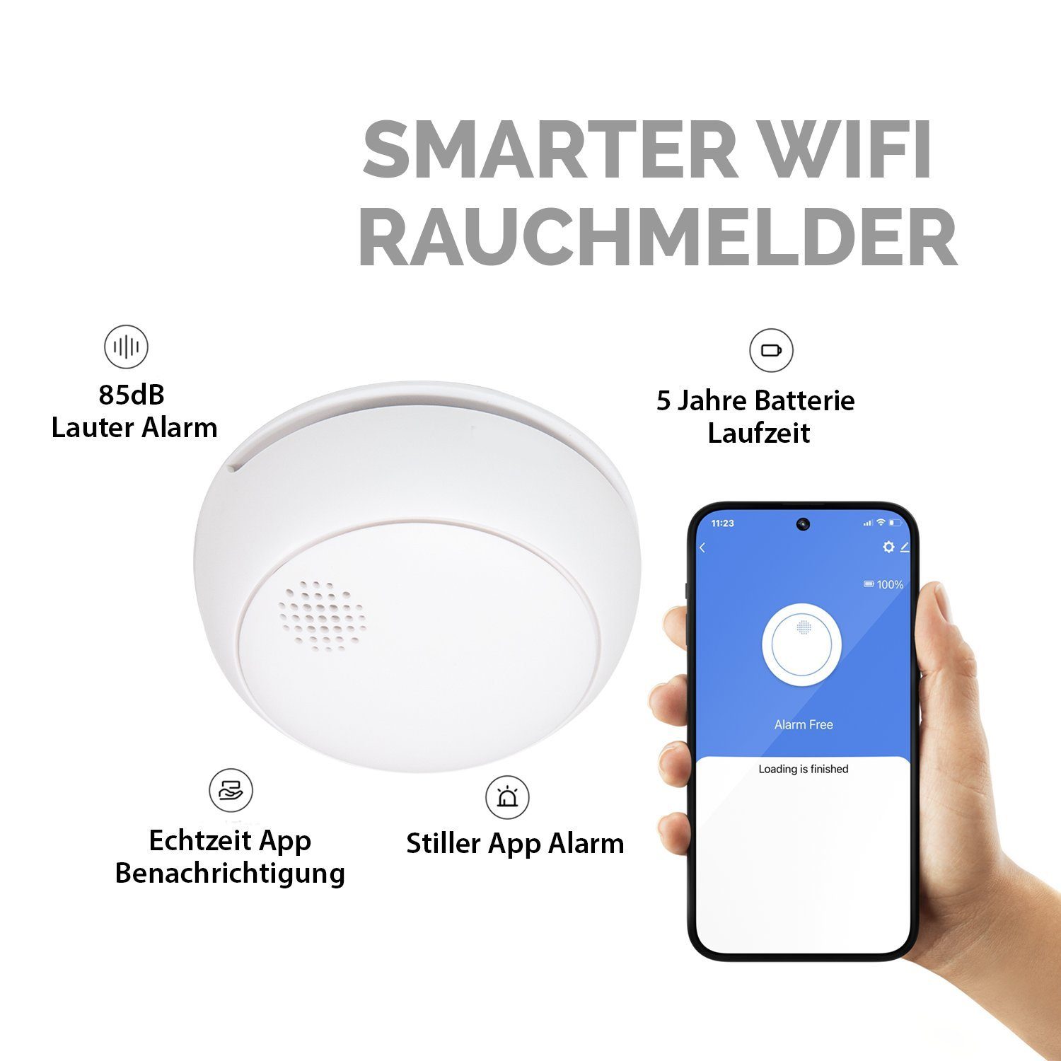 HANDY, (INNEN, SMART Rauchmelder 5 LIFE HUB WEISS, DAS NÖTIG, APP JAHRE BATTERIELAUFZEIT) XCOAST KEIN ALARMBENACHRICHTIGUNG 85dB WLAN SMART HOME STEUERUNG, AUF