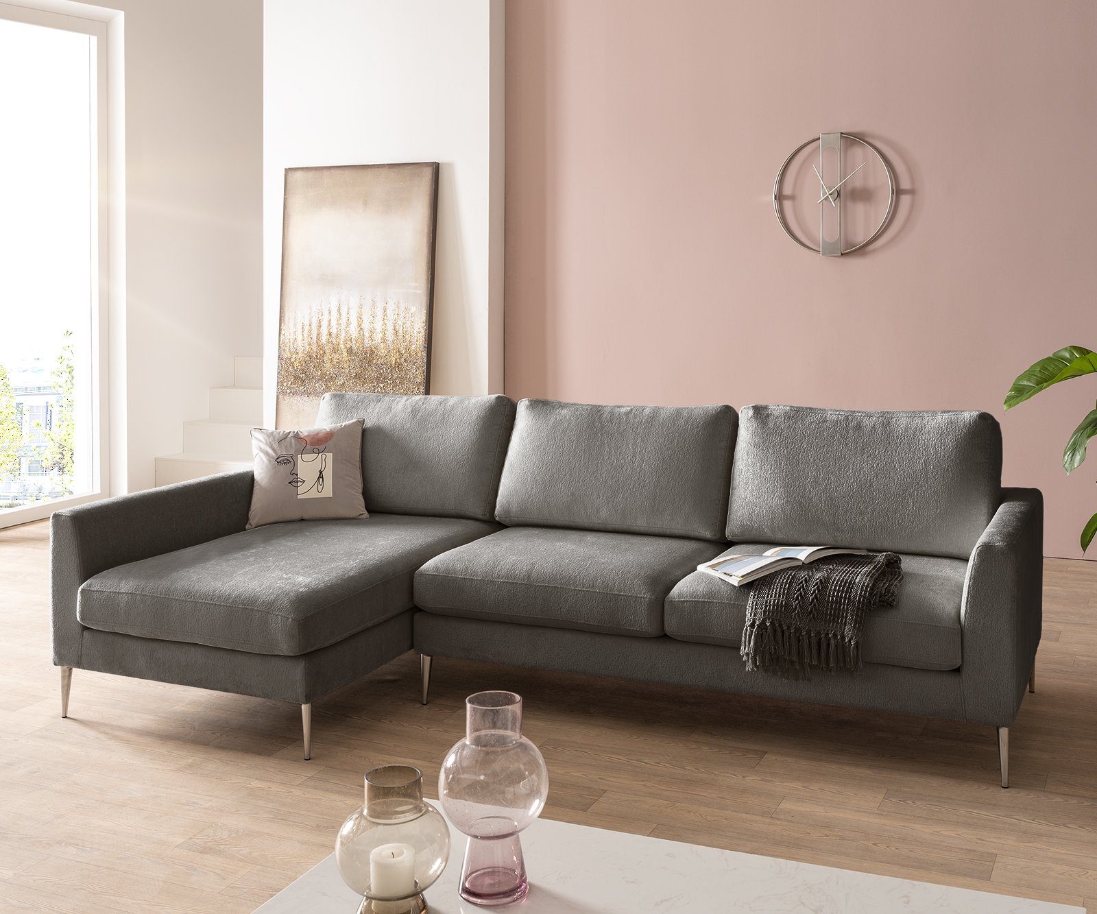 DELIFE Ecksofa Marla, ChenilleTaupe 285x140 cm Recamiere links Ecksofa