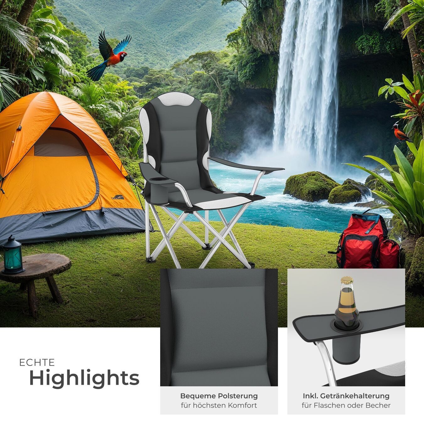 tectake Campingstuhl Gartenstuhl faltbar mit Polsterung, 60 x 88 x 105cm (Outdoor Klapptstuhl für Außen in Grau, 1 St), gepolstert, mit Getränkehalter, geringes – Bild 4 von 5