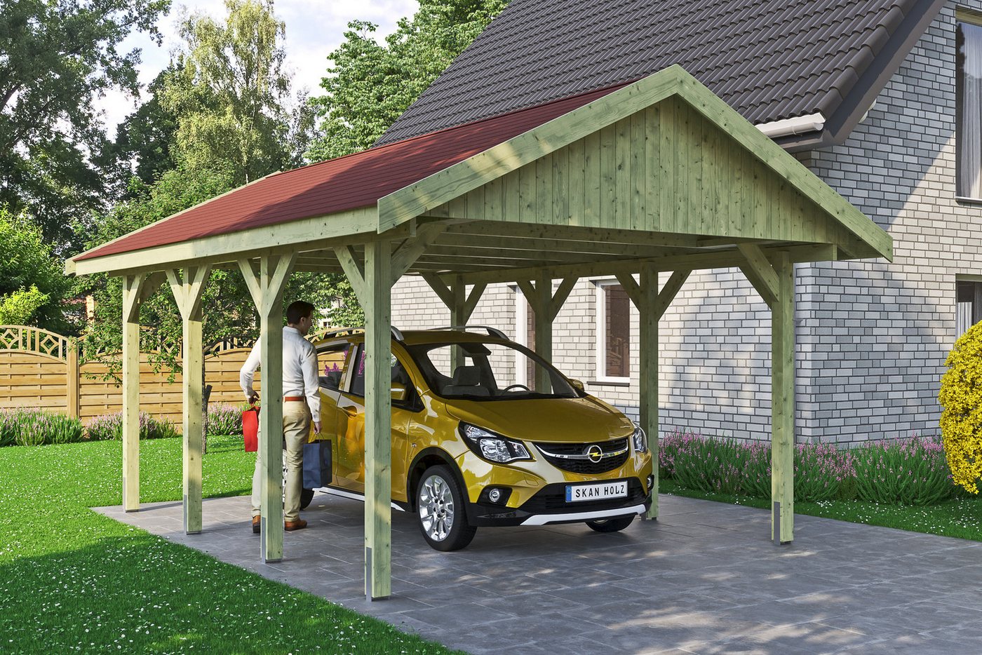 Thumbnail - Skanholz Einzelcarport Wallgau, BxT: 430x600 cm, 215 cm Einfahrtshöhe, mit roten Dachschindeln