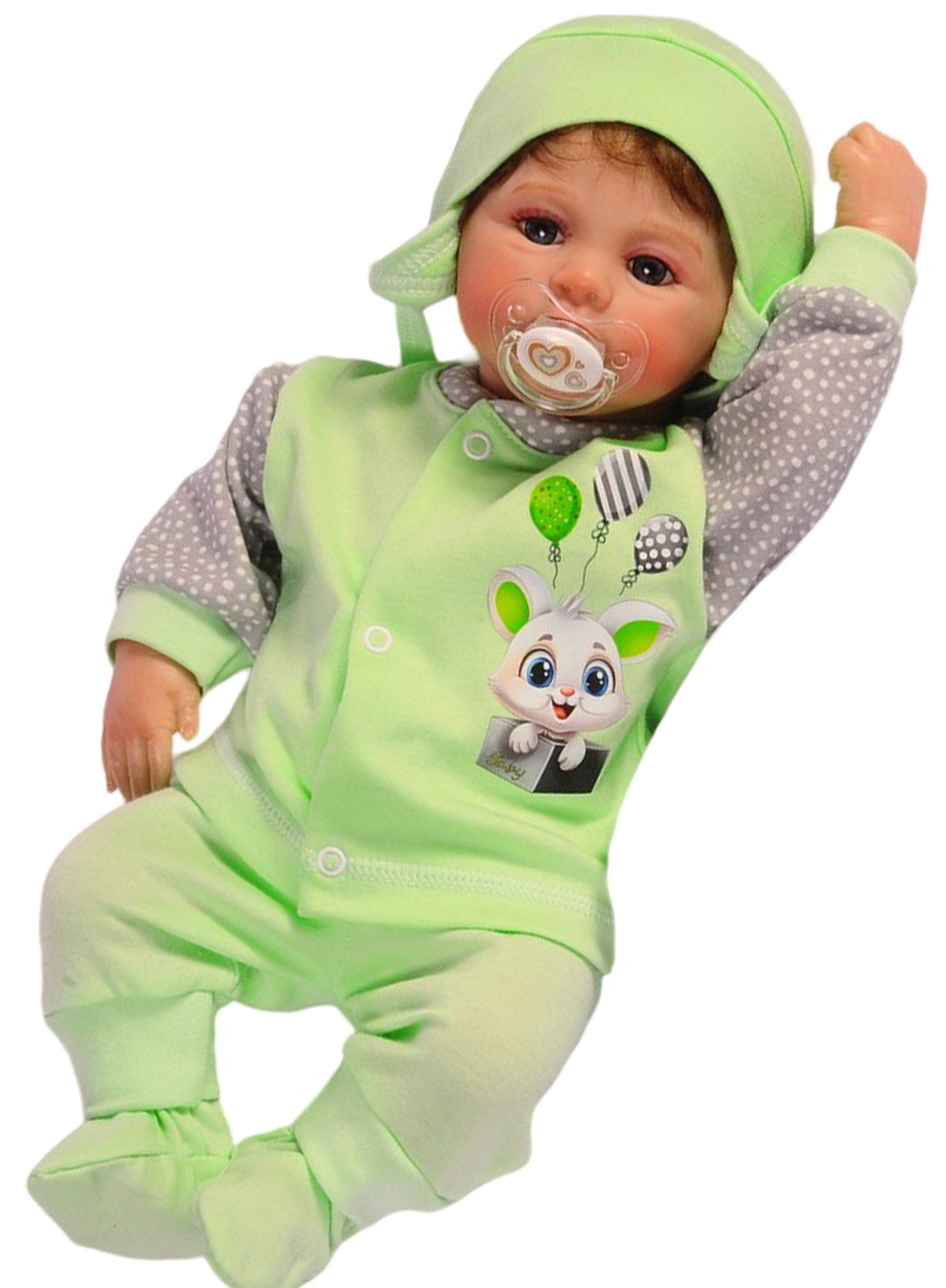 Langarmshirt & Hose Baby Anzug 3Tlg Hemdchen Mütze Hose in Grün mit Hasen