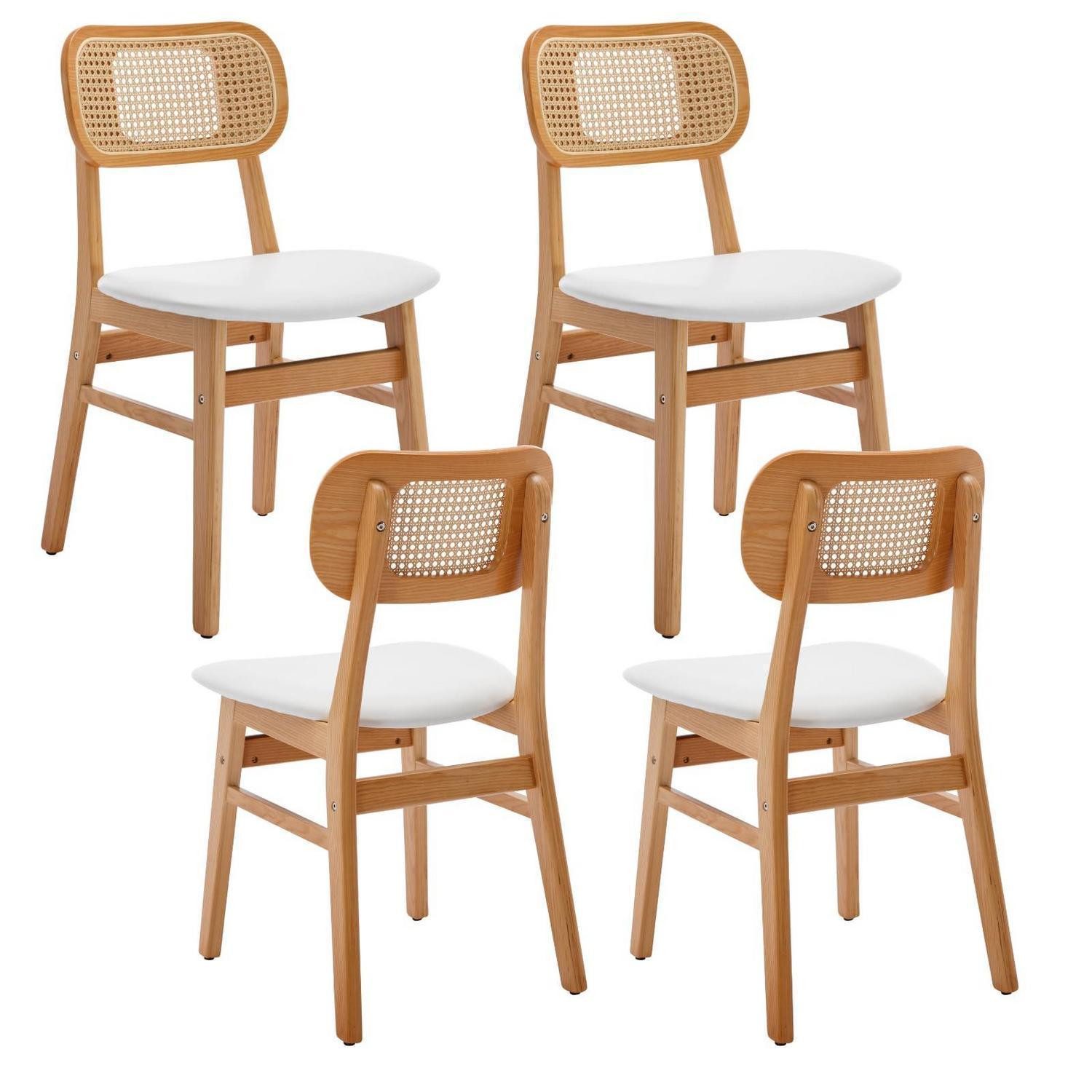 LuxusKollektion Esszimmerstuhl Esszimmerstühle 4er Set PU Leder Rattan Holz Weiß-4