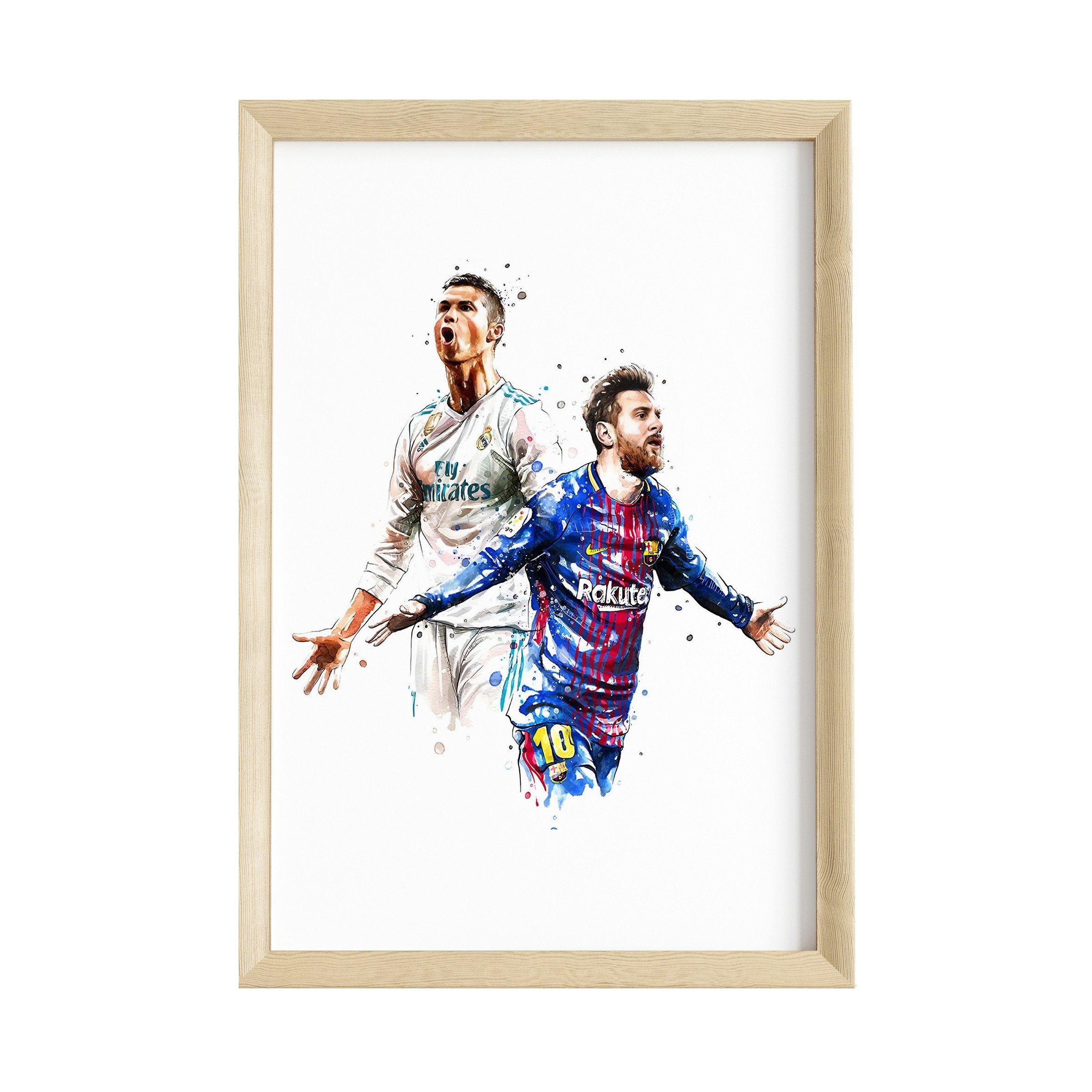 JUSTGOODMOOD Poster Premium ® · Fußball Wasserfarben Ronaldo · Rahmen ohne Poster Messi
