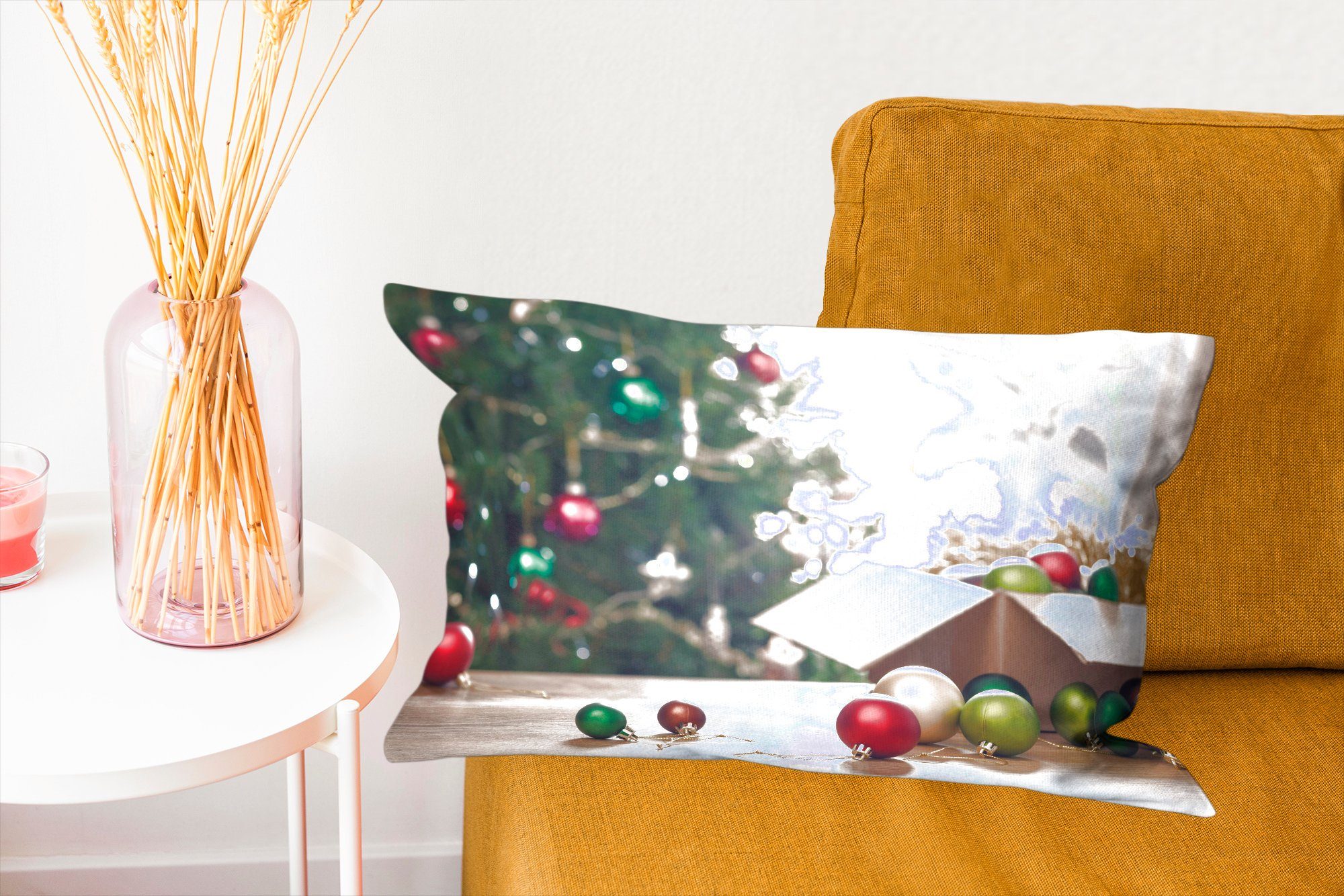 Weihnachtsbaum mit Der Zierkissen, Schlafzimmer Hintergrund, Dekokissen mit Füllung, im MuchoWow Wohzimmer Dekoration, Weihnachtsschmuck Dekokissen einem