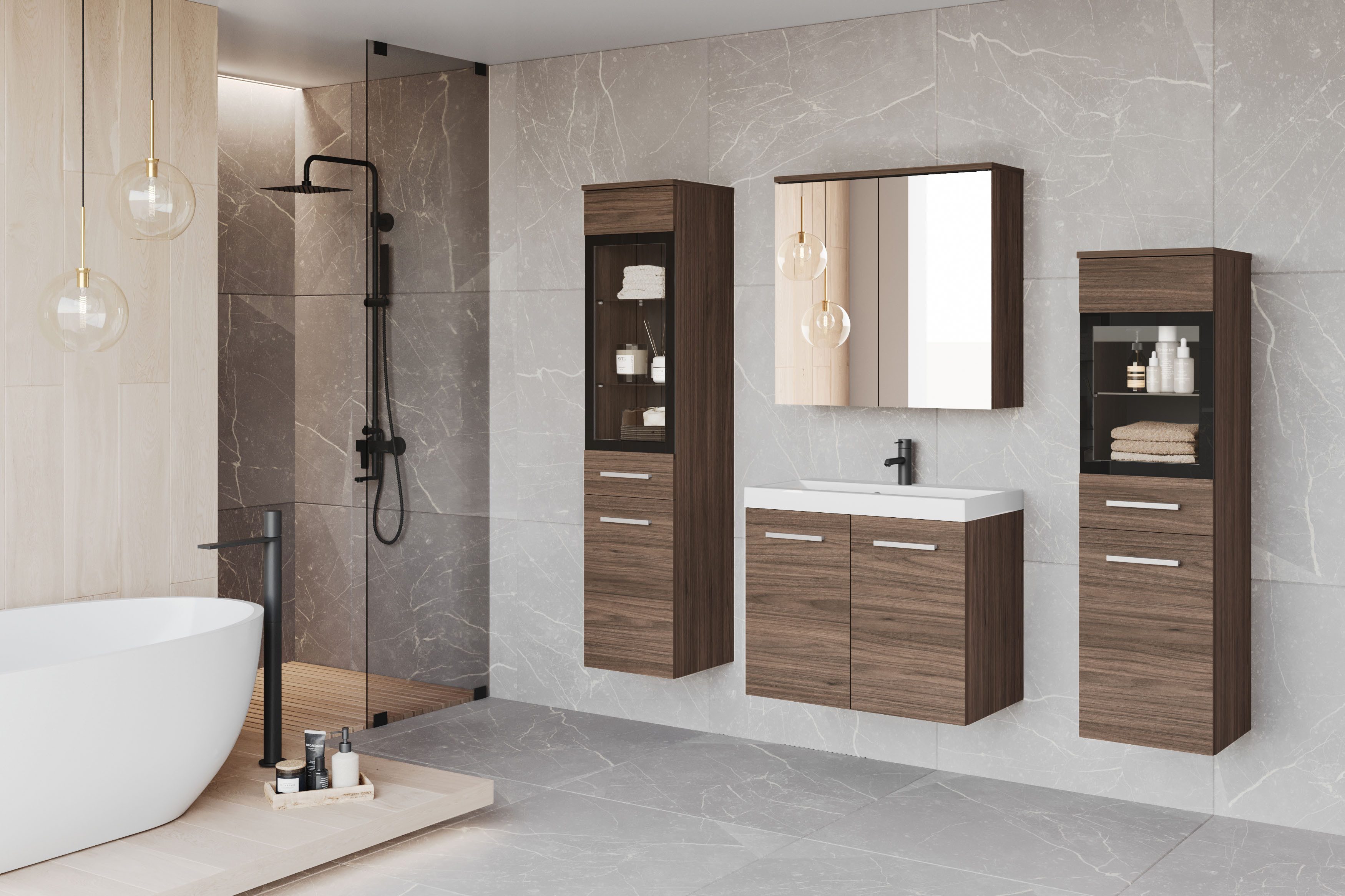 welltime Badmöbel-Set MADRIT II, Schrank mit Waschbecken, 2 Hänger, Spiegelschrank, (Komplett-Set, 5-St), Hängende Badmöbel mit Glaseinsätzen – in vielen Farben erhältlich