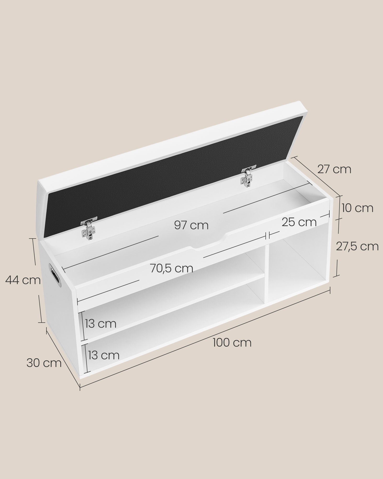 VASAGLE Schuhbank Sitzbank mit Stauraum, Schuhregal für Wohnzimmer, Flur, 30x100x44 cm (mit Sitzfläche, gepolstert), 3 offene Fächer, Fach unter Sitzkissen, bis – Bild 5 von 5