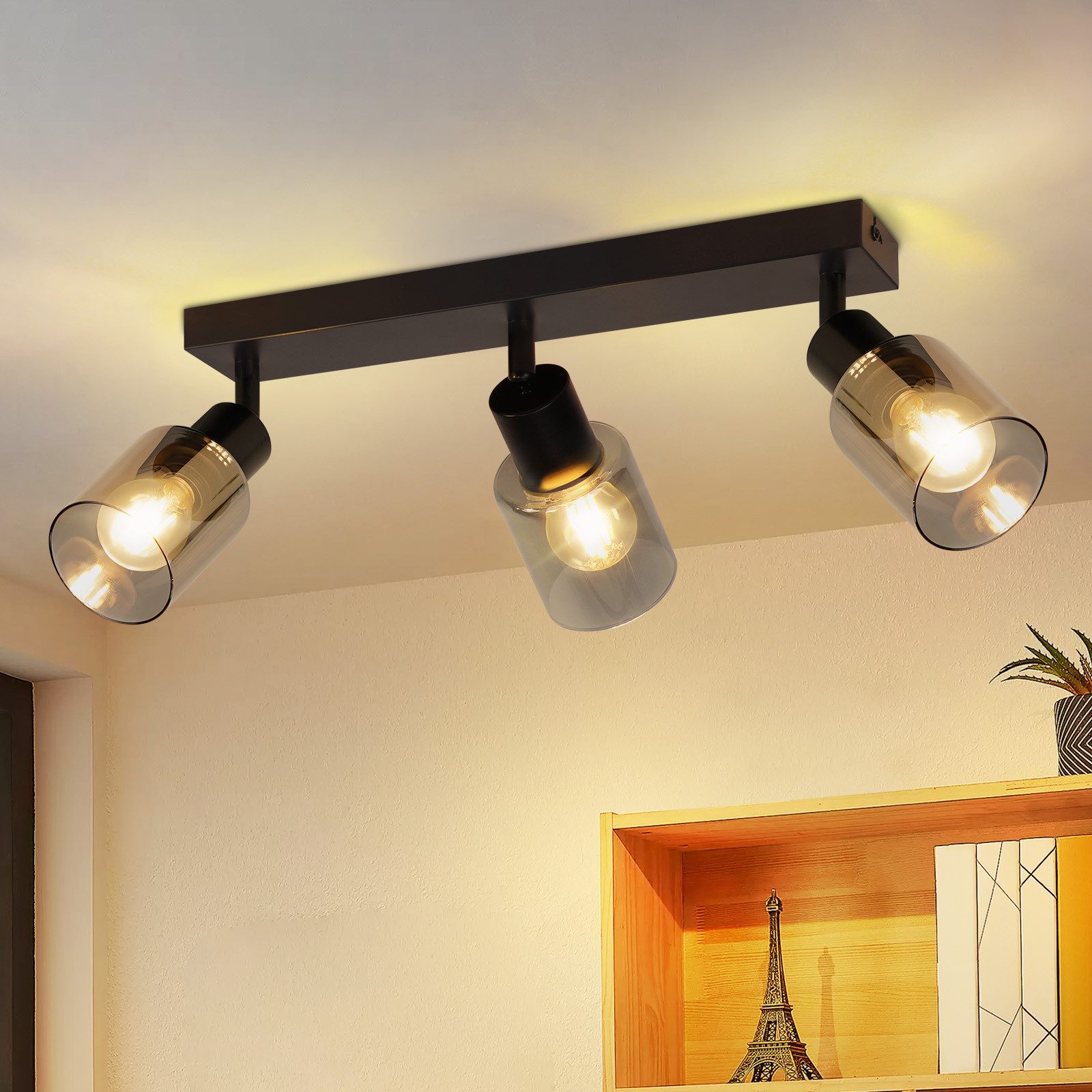 Nettlife Deckenstrahler Schwarz Vintage Glas E14 3 flammig Metall Deckenleu günstig online kaufen