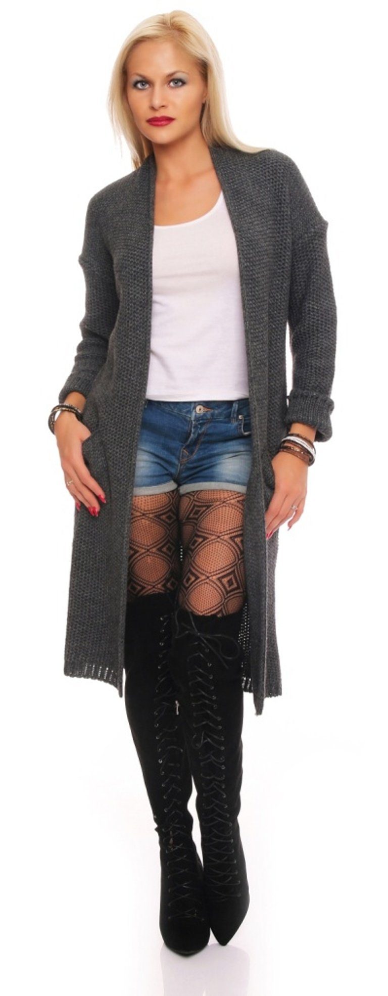 Mississhop Longstrickjacke Damen Lange Strickjacke Cardigan M.3008