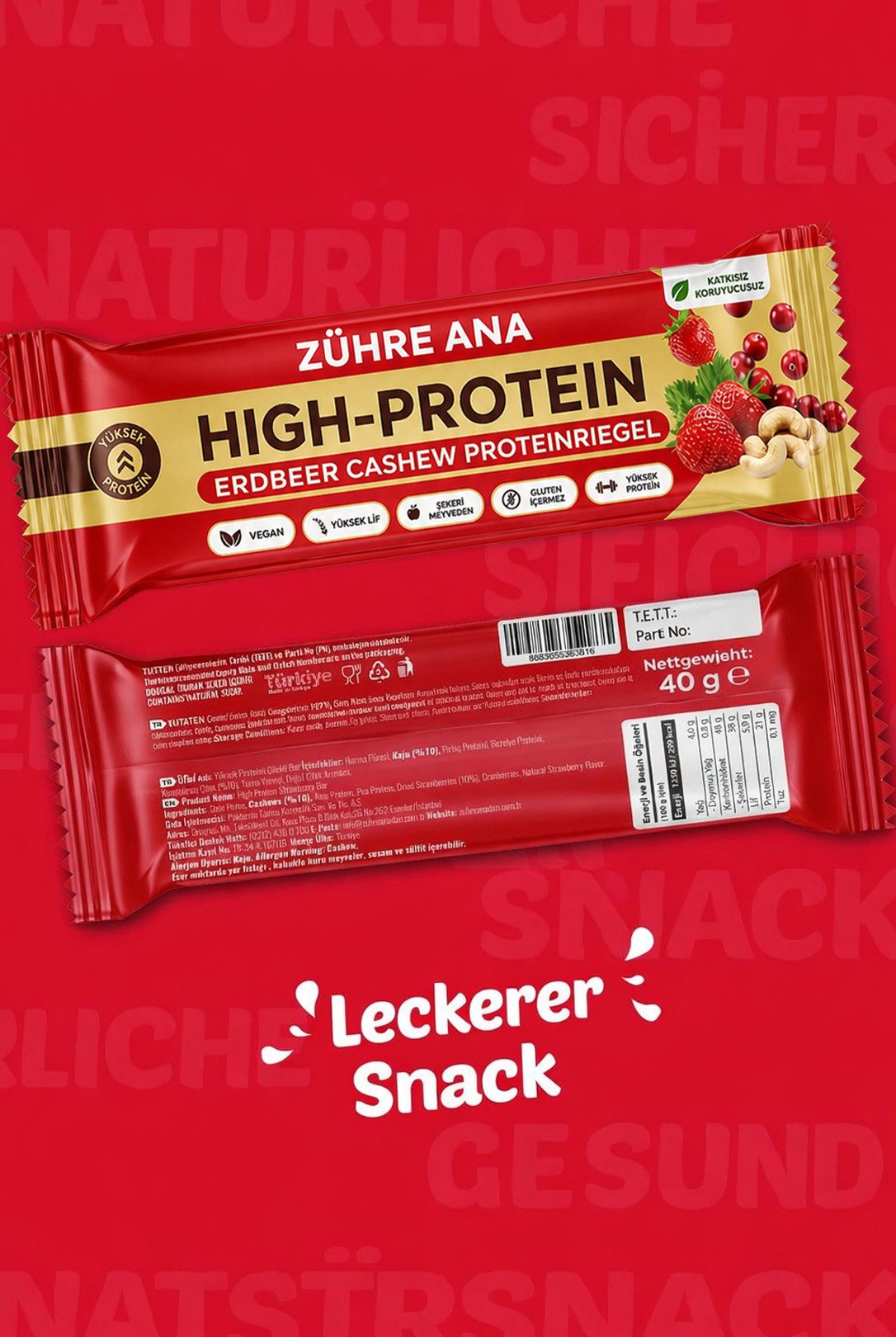 Zühre Ana® Riegel Erdbeer Cashew Proteinriegel 12x – Vegan, Glutenfrei, Zuckerfrei, 420 g, Proteinreicher, leckerer Snack, 35gr x 12 Stück