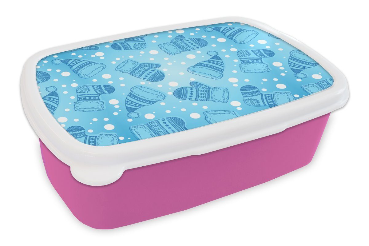 MuchoWow Lunchbox Handschuhe - Mütze - Winter - Schnittmuster, Kunststoff, (2-tlg), Brotbox für Erwachsene, Brotdose Kinder, Snackbox, Mädchen, Kunststoff rosa