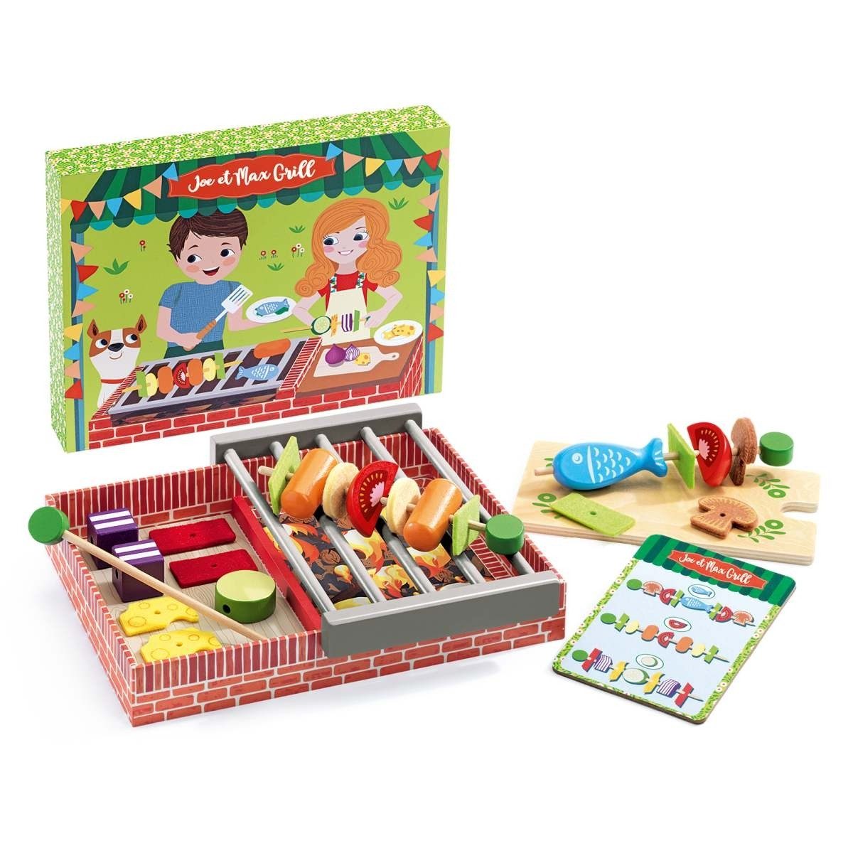 DJECO Spielküche Kinder Grillparty-Set aus Holz mit 20 Zutaten und Zubehör ab 4 Jahre