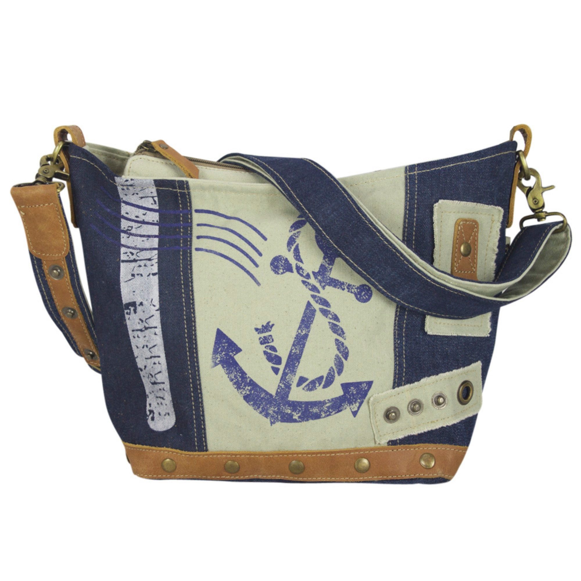 Sunsa Umhängetasche Upcycling Umhängetasche Tasche mit Maritim Motiv Schultertasche Anker, Upcycling Tasche, echtes Leder, recycelter Jeansstoff