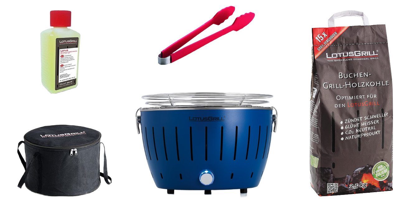 LotusGrill Holzkohlegrill LotusGrill S Small Kompakt Starter-Set Tiefblau Holzkohlegrill 5tlg