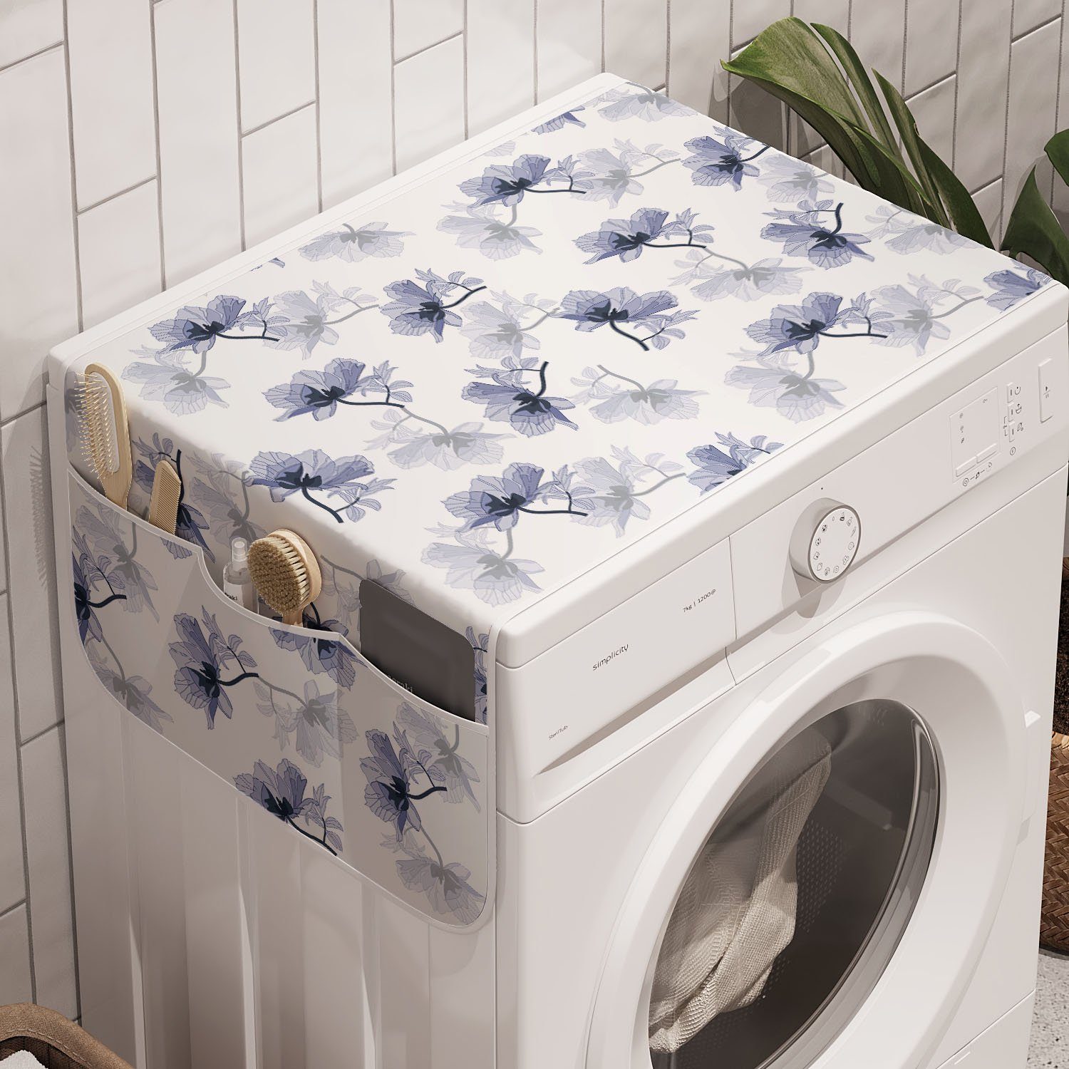 Retro Anti-Rutsch-Stoffabdeckung Waschmaschine Mohn für Trockner, Blumen-Zusammensetzung und Badorganizer Abakuhaus