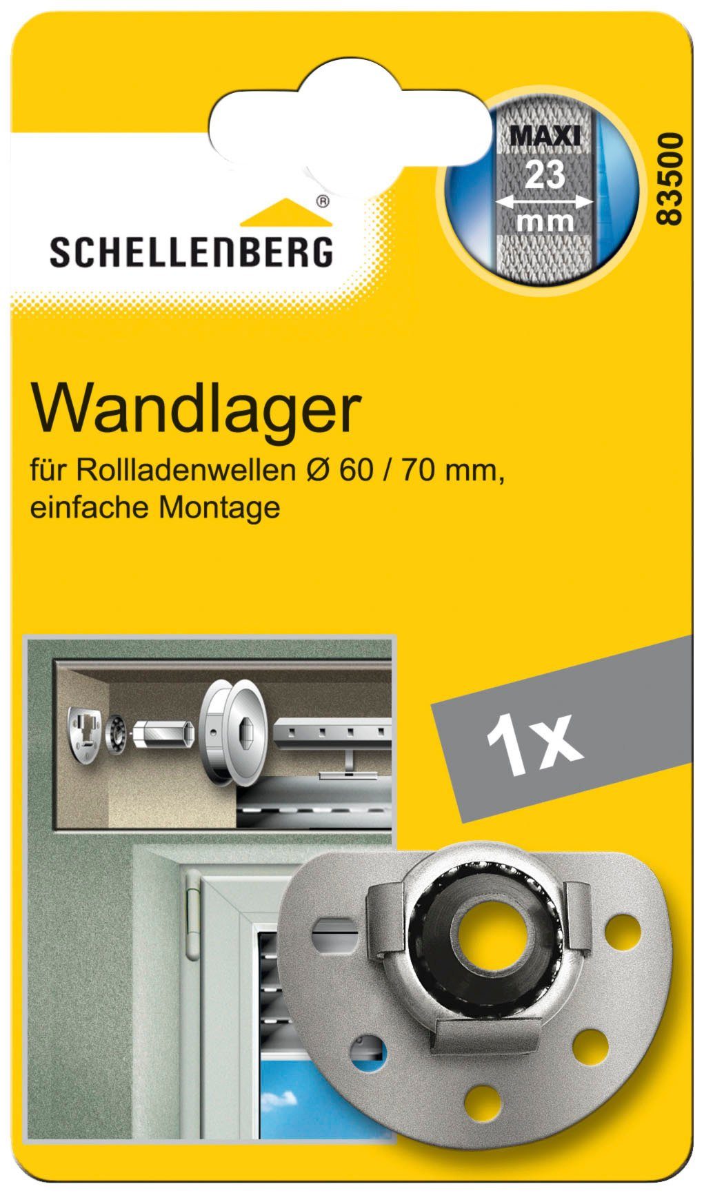 SCHELLENBERG Wandlager Maxi für Achtkantwellen mit 60 bis 70 mm Durchmesser (Set, 1-St), inkl. Kugellager zur Verbindung zwischen Wand und Walzenhülse