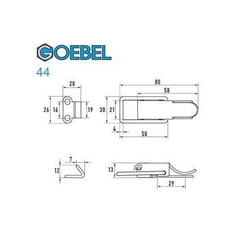 GOEBEL GmbH Kastenriegelschloss 5544500044, (50 x Spannverschluss mit Federsicherung 44 grosses Kappenschloss, 50-tlg., Kistenverschluss - Kofferverschluss - Hebel Verschluss), gerader Grundtplatte inkl. Gegenhaken Edelstahl A2 (V2A)