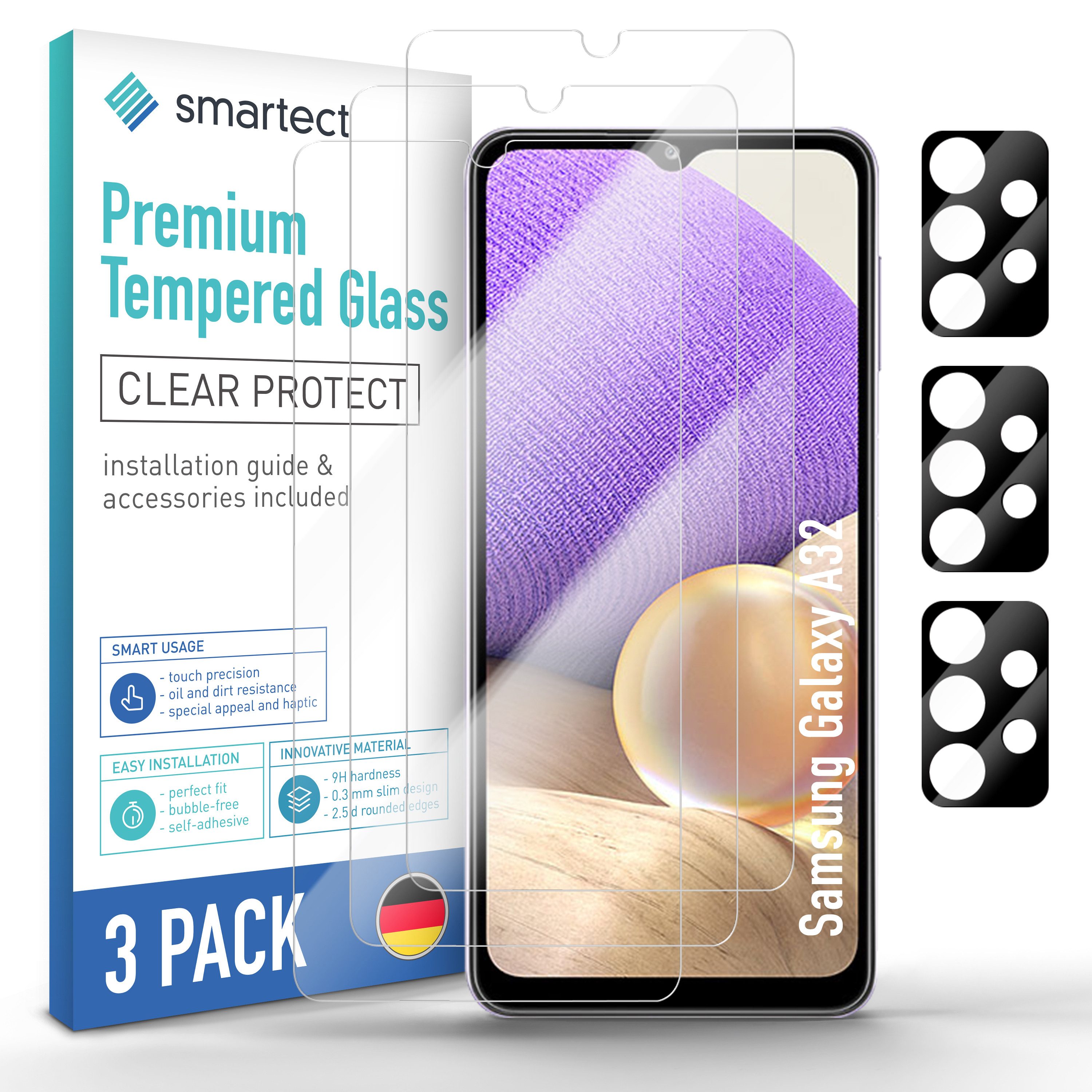 smartect Displayschutzglas Schutzglas Panzerfolie Klar für Galaxy A32 5G, Set, 3 Stück, (Display + Kamera) Schutzfolie Glasschutz