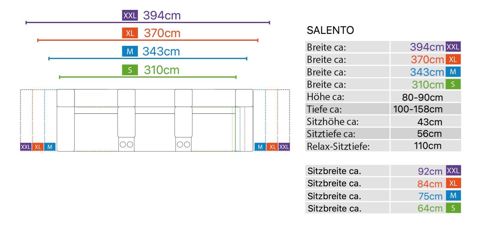 SALENTO 3-Sitzer Sofanella XL: Kinosofa cm Sofa 100 Stoff 370 Hellbraun in x
