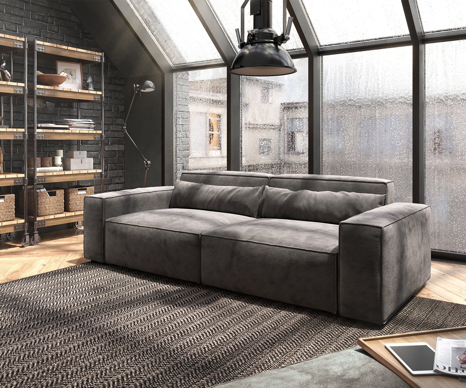 DELIFE Big-Sofa Sirpio, Mikrofaser Khakibraun 230x90 cm mit Hocker