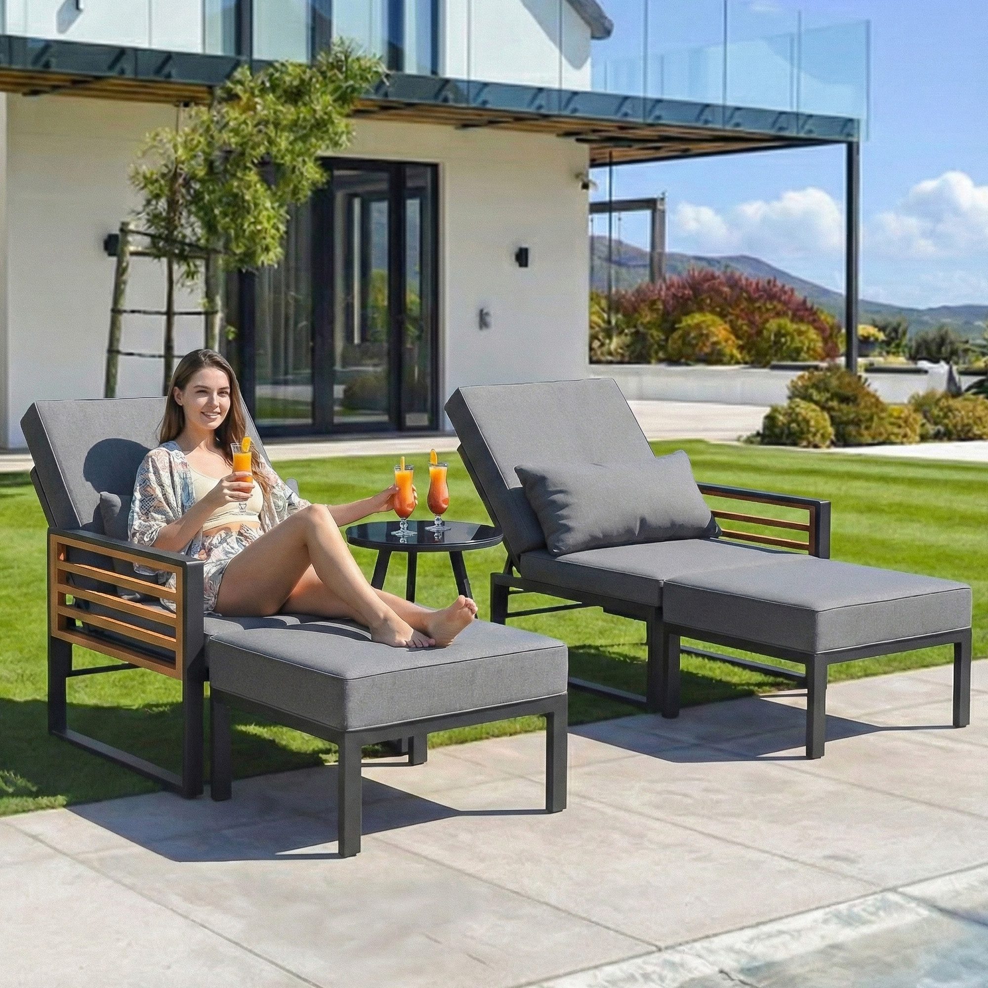 i@home Gartenlounge-Set Modulares Sofa-Bett mit verstellbarer Rückenlehne & Glastisch, (5-tlg., 2-in-1 Outdoor-Sofa), für Garten, Terrasse & Pool