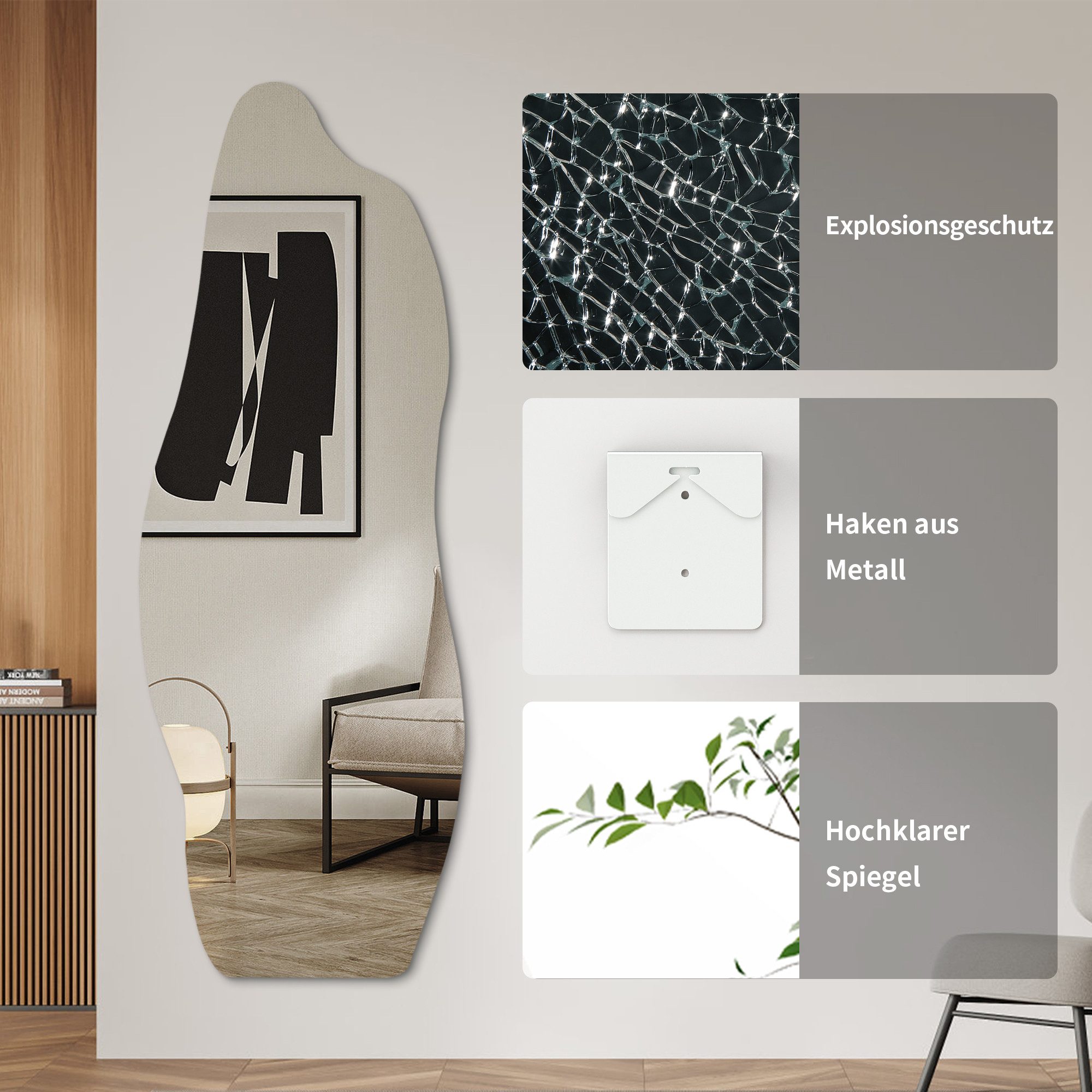 Hopibath Wandspiegel Asymmetrisch Ganzkörperspiegel groß für Friseurladen Hotel 165x60cm (Dekospiegel Rahmenlos 165x60cm, 1-St., 5mm HD Glas, mit Metall Haken, Splitterschutzfolie), für Friseursalon, Schönheitssalon, Beauty Studio
