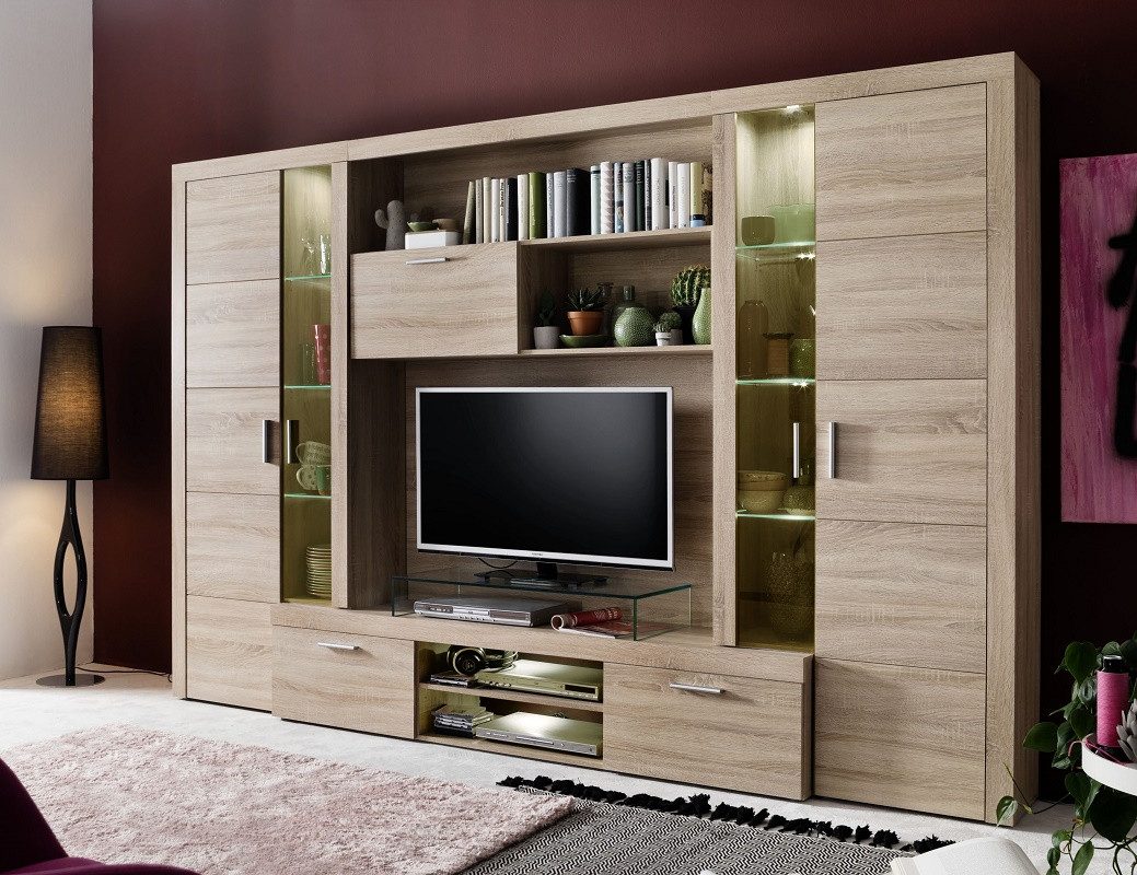 trendteam Wohnwand 5-teilig, Eiche Sägerau Hell, Vitrinen und LED Licht
