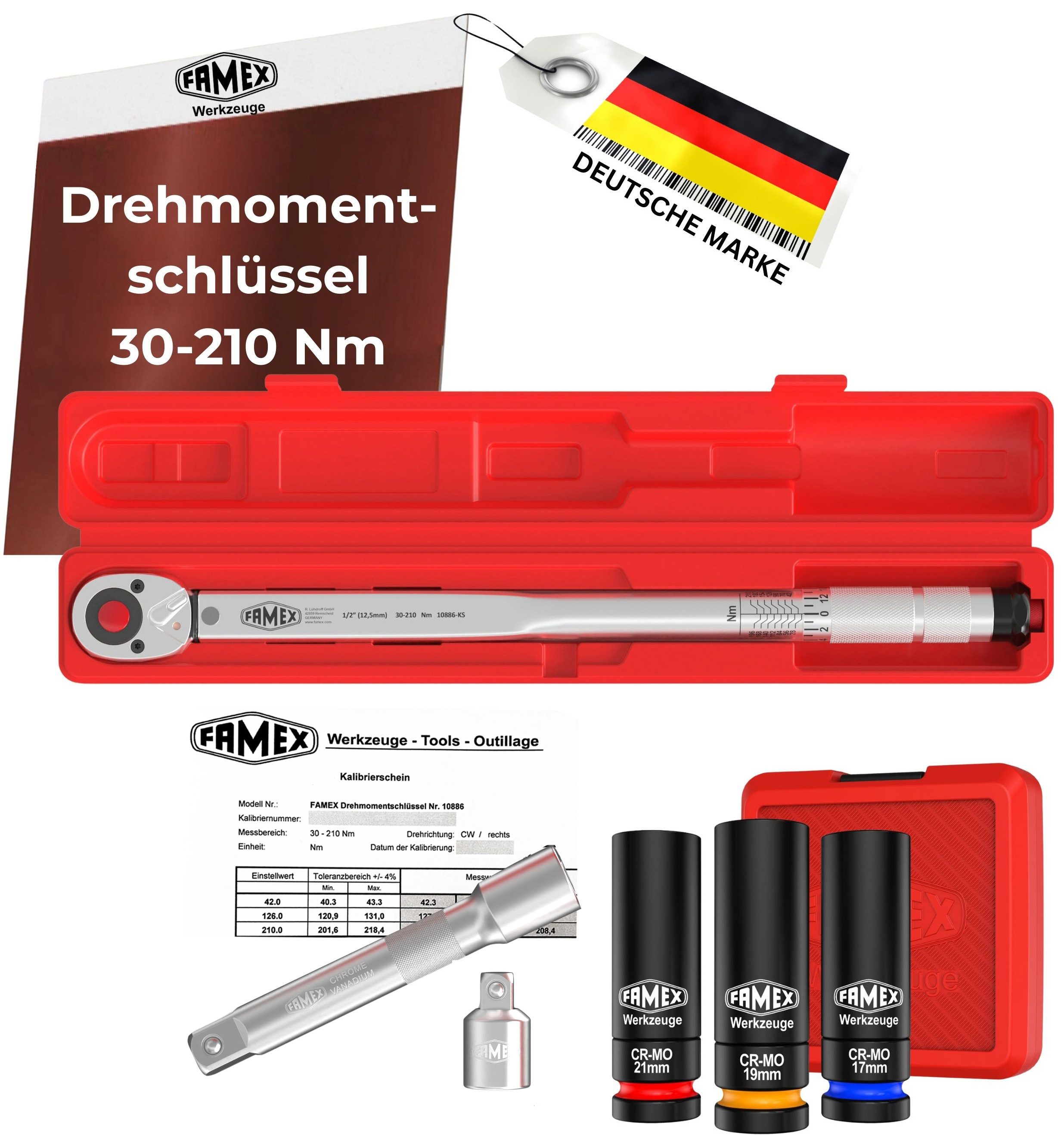 FAMEX Drehmomentschlüssel 10886-3N-KS Drehmomentschlüssel Set 1/2 Zoll (12,5mm) (4% Genauigkeit, 6 St), mit Kalibrierschein
