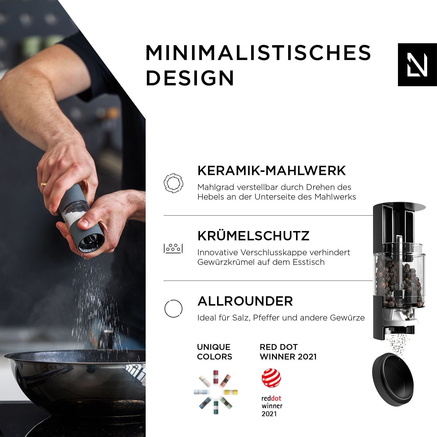 Keramik-Mahlwerk NYSØM Black einstellbarem mit Salz-/Pfeffermühle and Manuell, LARS White Sjæl