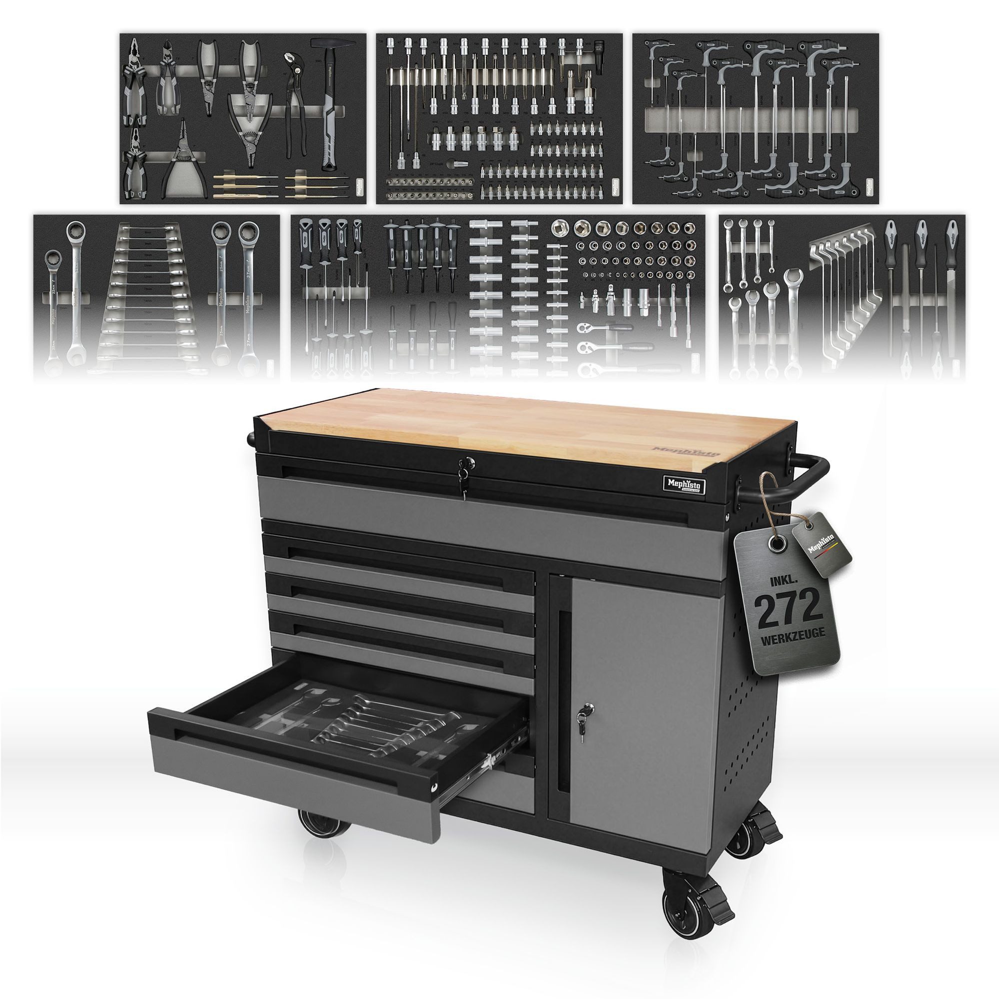 Mephisto-Tools Werkzeugwagen, (fertig montiert und bestückt), 6 Schubladen bis zu 40 kg belastbar plus 1 Tür, 4 Schlüssel inkl.