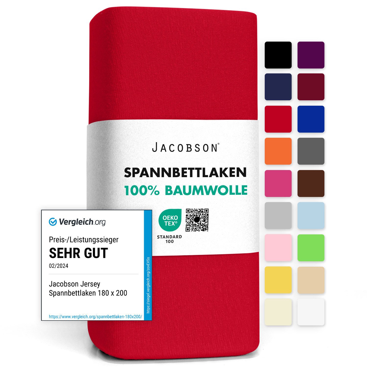 Jacobson Spannbettlaken aus 100% Baumwolle, Jersey Bettlaken 160 g/m², Spannbetttuch mit Gummizug, pflegeleicht & viele Farben