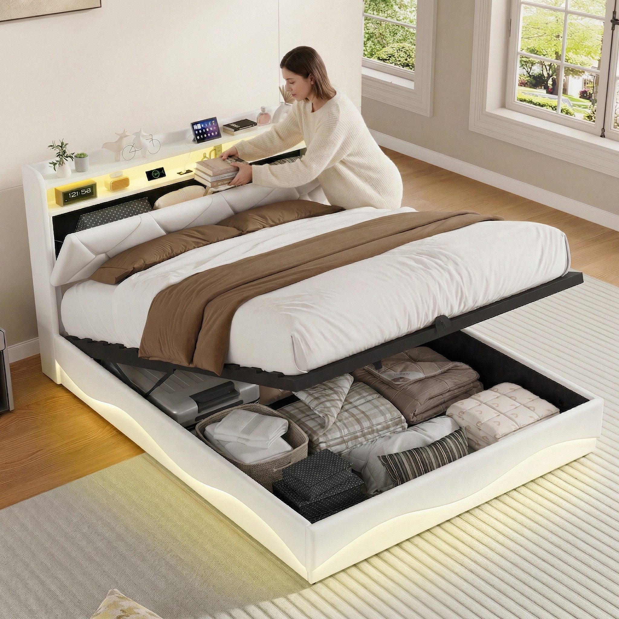 PXloue Polsterbett LED Doppelbett, Bettkasten, Ladefunktion, Samt, 140x200 cm