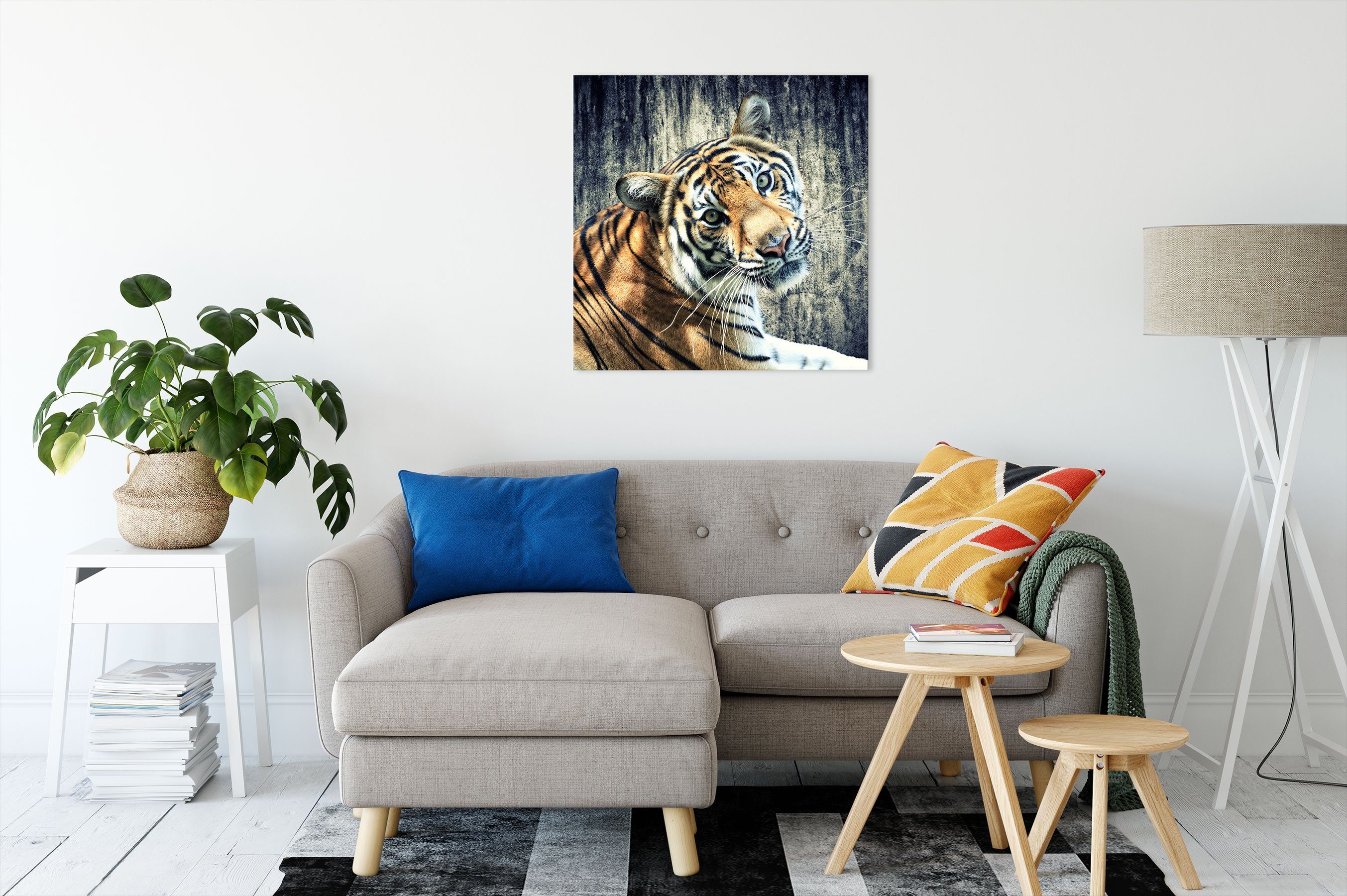 Pixxprint Neugieriger Tiger (1 St), fertig inkl. Leinwandbild Zackenaufhänger bespannt, Tiger, Neugieriger Leinwandbild