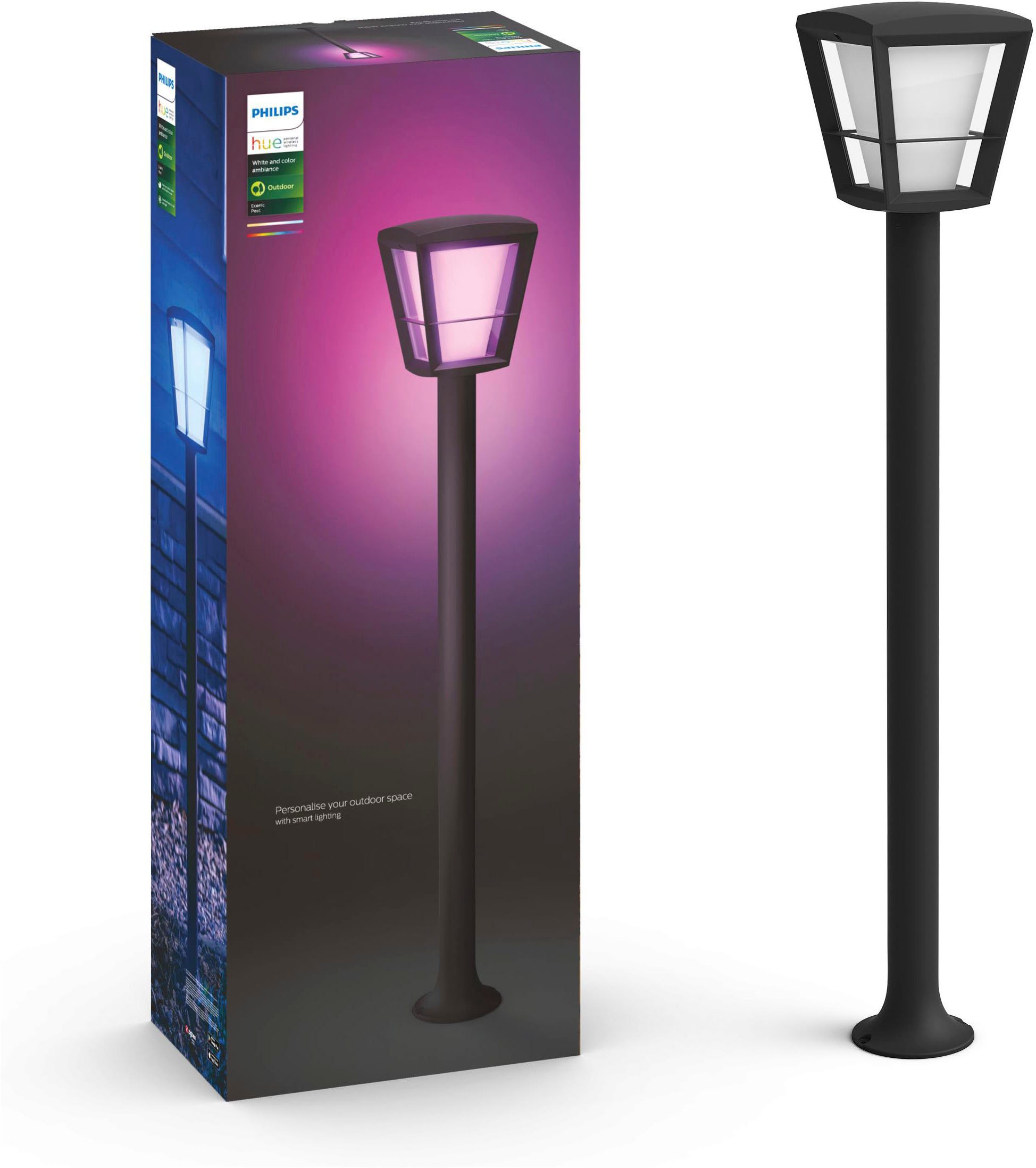 Philips Hue LED Pollerleuchte Outdoor White & Color Ambiance Econic schwarz, Abschaltautomatik, Bluetooth, CCT - über Fernbedienung, Dimmfunktion, Einschlafhilfe, Farbsteuerung, Farbwechsel, Memory, nach Trennung vom Netz, Nachtlichtfunktion, RGB, Smart Home, Timerfunktion, Weckerfunktion, dimmbar über Fernbedienung, mehrere Helligkeitsstufen, LED fest integriert, Farbwechsler, RGB, warmweiß - kaltweiß, Steuerbar per App und Stimme, Smart Home fähig, Farbfähig und Weißtöne