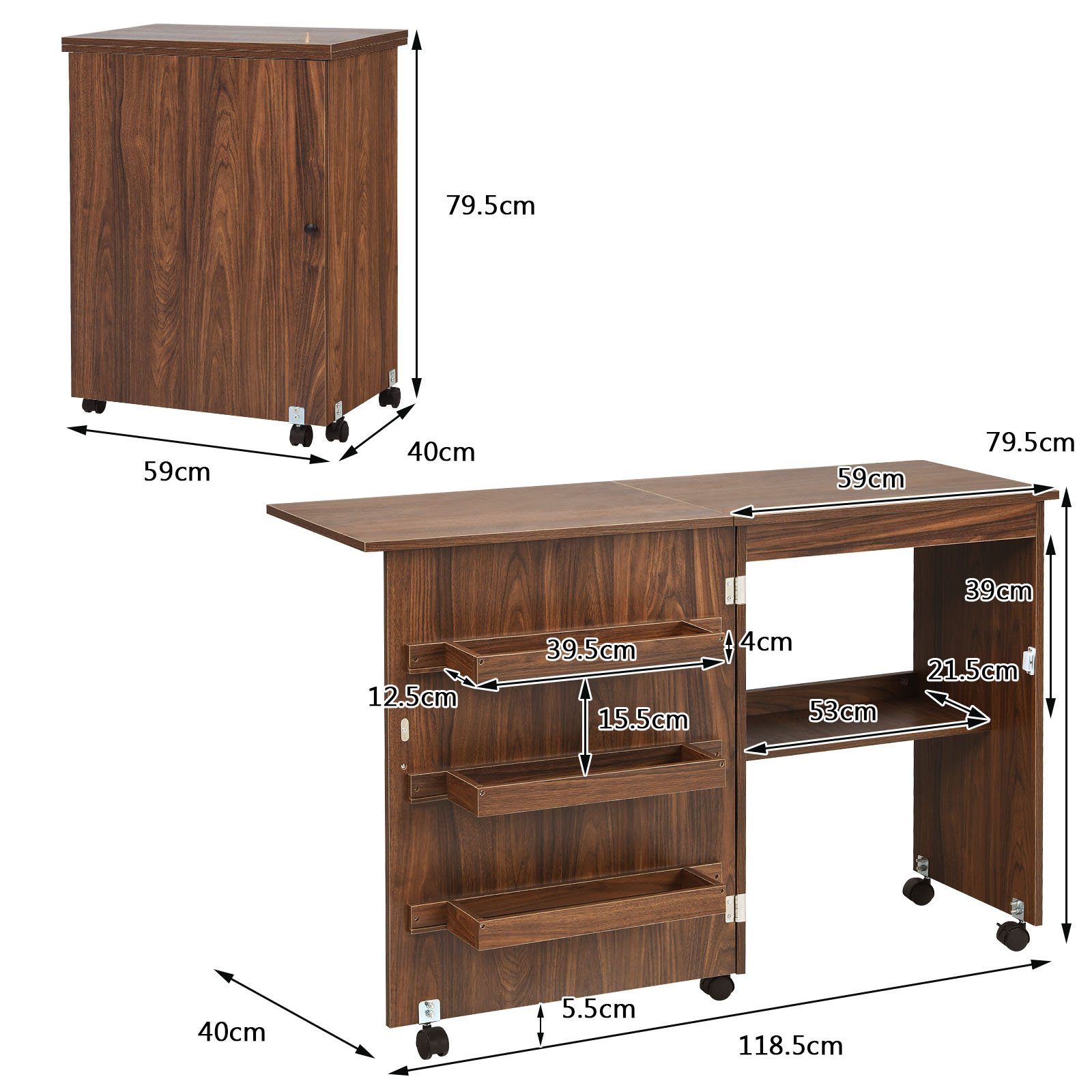 COSTWAY Regal-Schreibtisch, klappbar Stauraum, 118,5x40x79,5cm rollbar, mit braun &