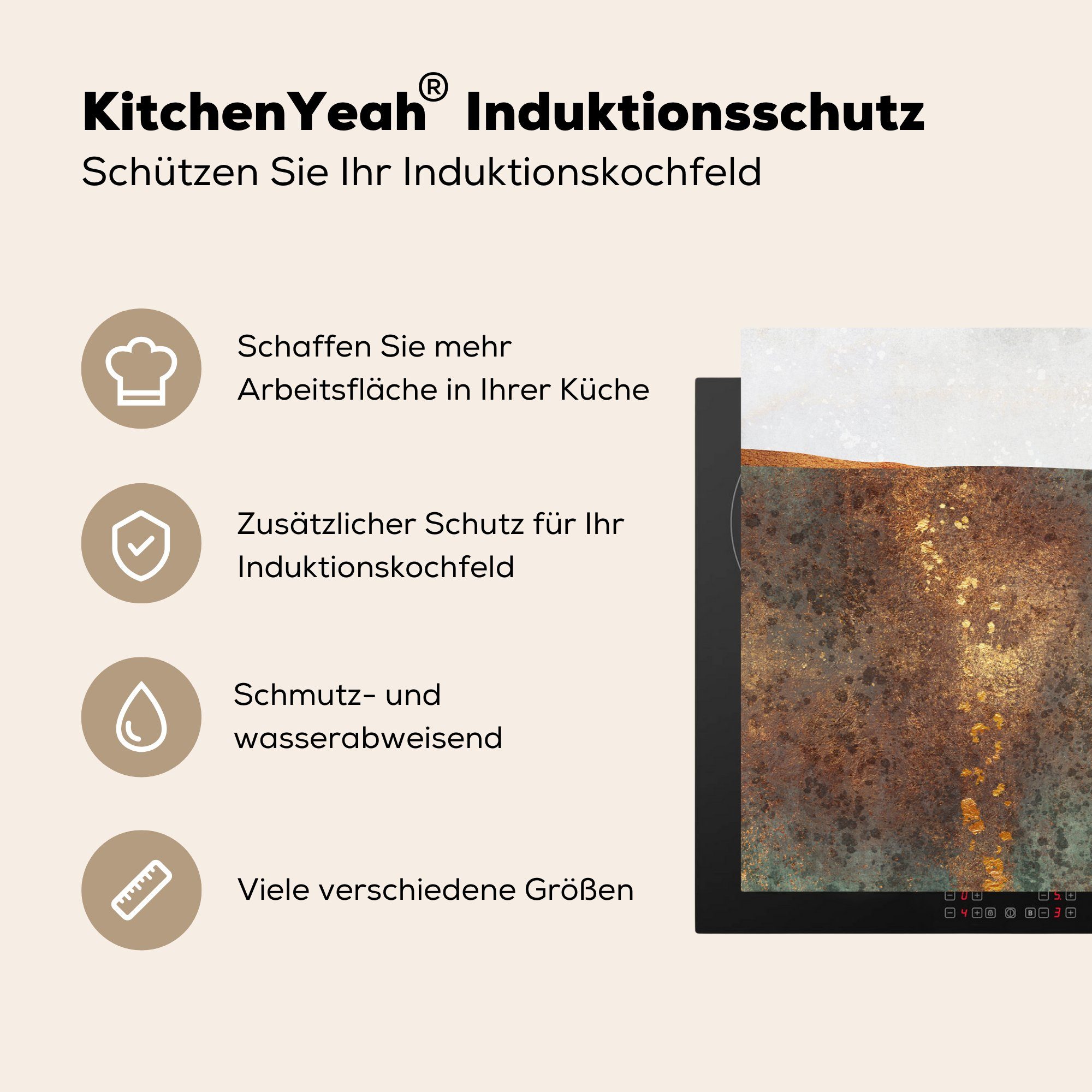 - küche, tlg), Vinyl, Luxus cm, (1 Abstrakt Induktionskochfeld 81x52 Gold, Schutz - Ceranfeldabdeckung für die Herdblende-/Abdeckplatte MuchoWow
